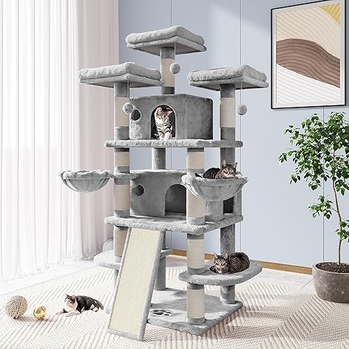 Allewie Casa de árbol para gatos de varios niveles de 68 pulgadas con condominio, postes rascadores y torres para gatos grandes, color gris claro