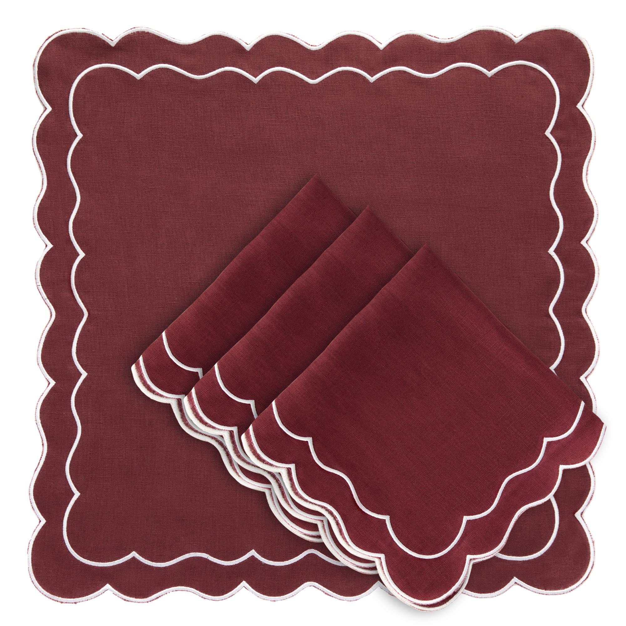 CLIO & CLOVER Linen Napkins with scalloped edge - set of 4-100% Linen napkins - Luxury design with Scalloped edge - Arrives beautifully packaged (Deep Red)