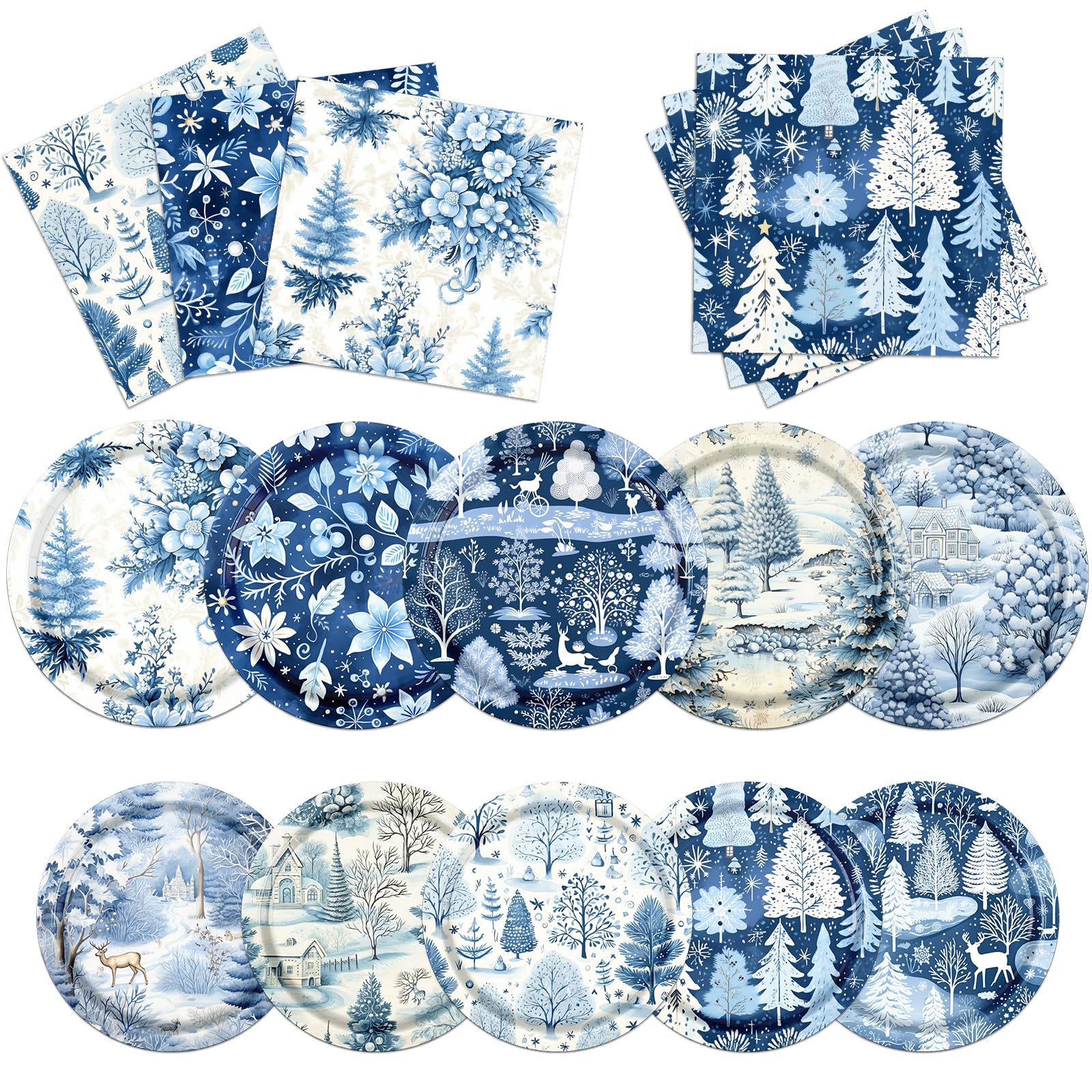 Blue Christmas Decorations Dinnerware Set 60pcs Christmas Plates and Napkins Winter Wonderland Xmas Tree Xmas Reindeer Disposable Tableware For Xmas Winter Holiday Party Supplies