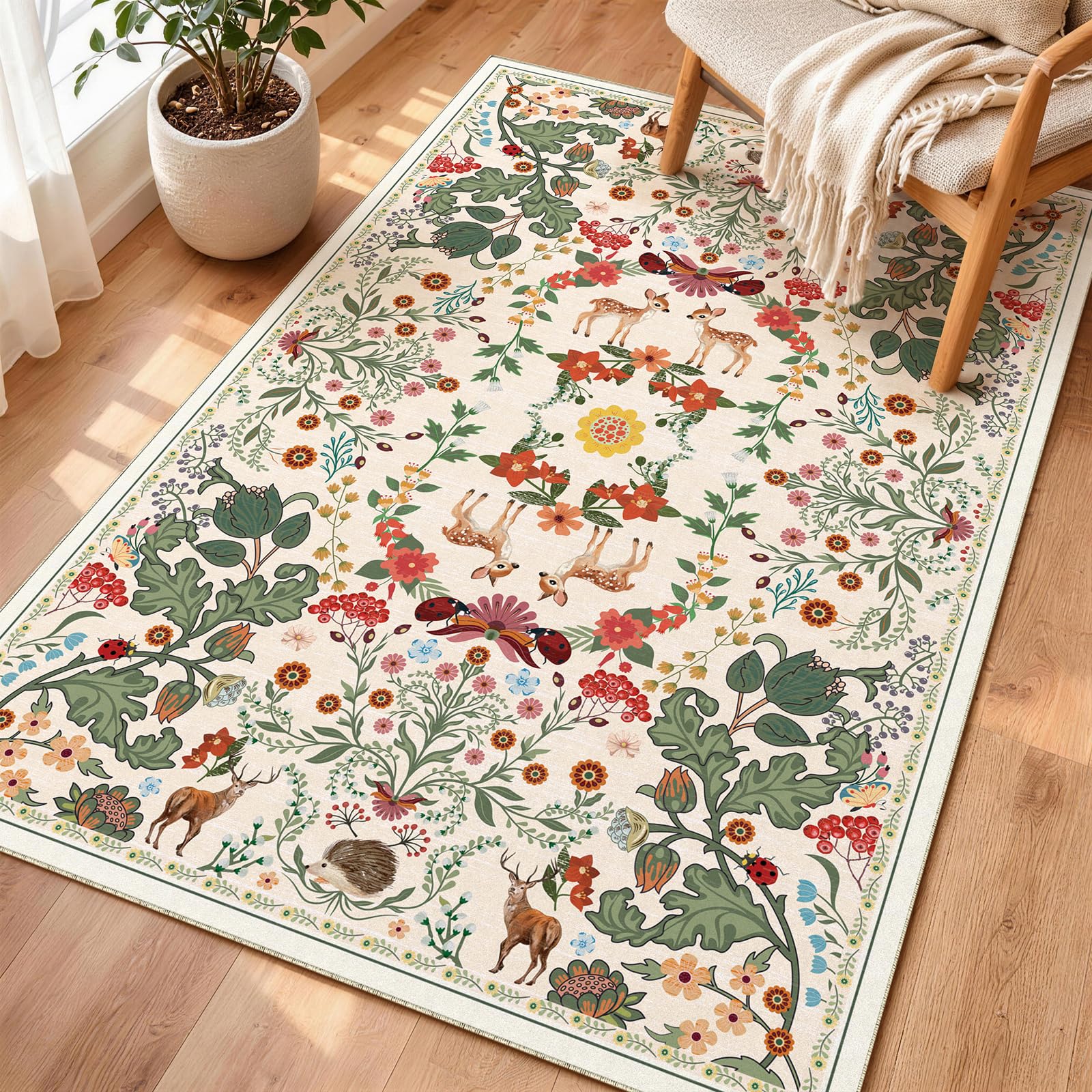 FVVRAX Area Rugs for Bedroom 80×150 cm, Washable Beige Rugs Living Room Non-Slip TPR Backing, Soft Boho Animal Floral Rugs Indoor Floor Carpet for Kitchen Room — image 1