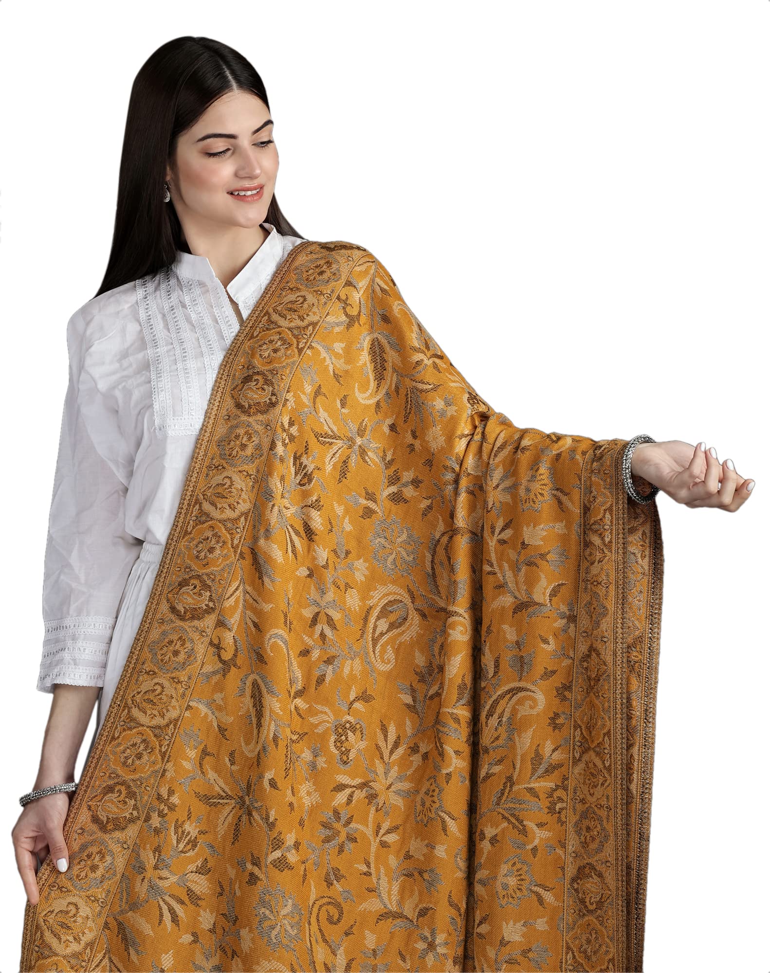 exotic india Women's Reversible Jamawar from Amritsar with Woven Flowers Wool Shawl (Butterscotch)-picture-29