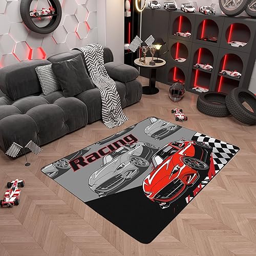 Miniatura 23 de Alfombra decorativa de coche de carreras de 5 x 6 pies 6 pulgadas, alfombra de motocross para interiores para sala de juegos, mesita de noche, sofá,
