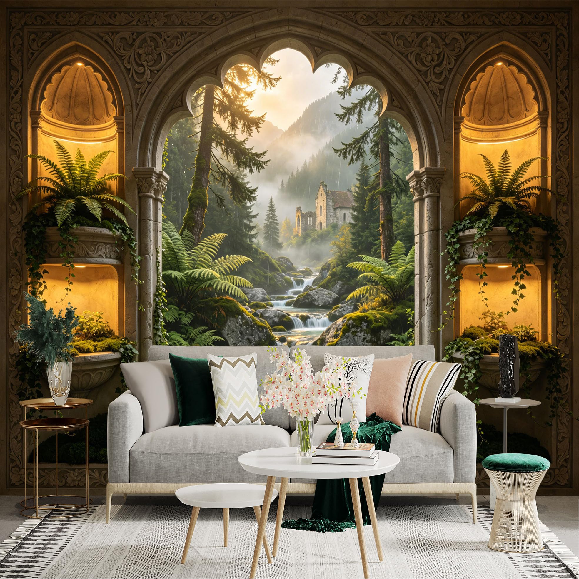 Custom Size Wall Sticker Mural， Fantasy Mountain Landscape with Waterfall， Ancient Stone Arch and Lush Green Ferns， for wall Decoration， peelandstick wall Decals.