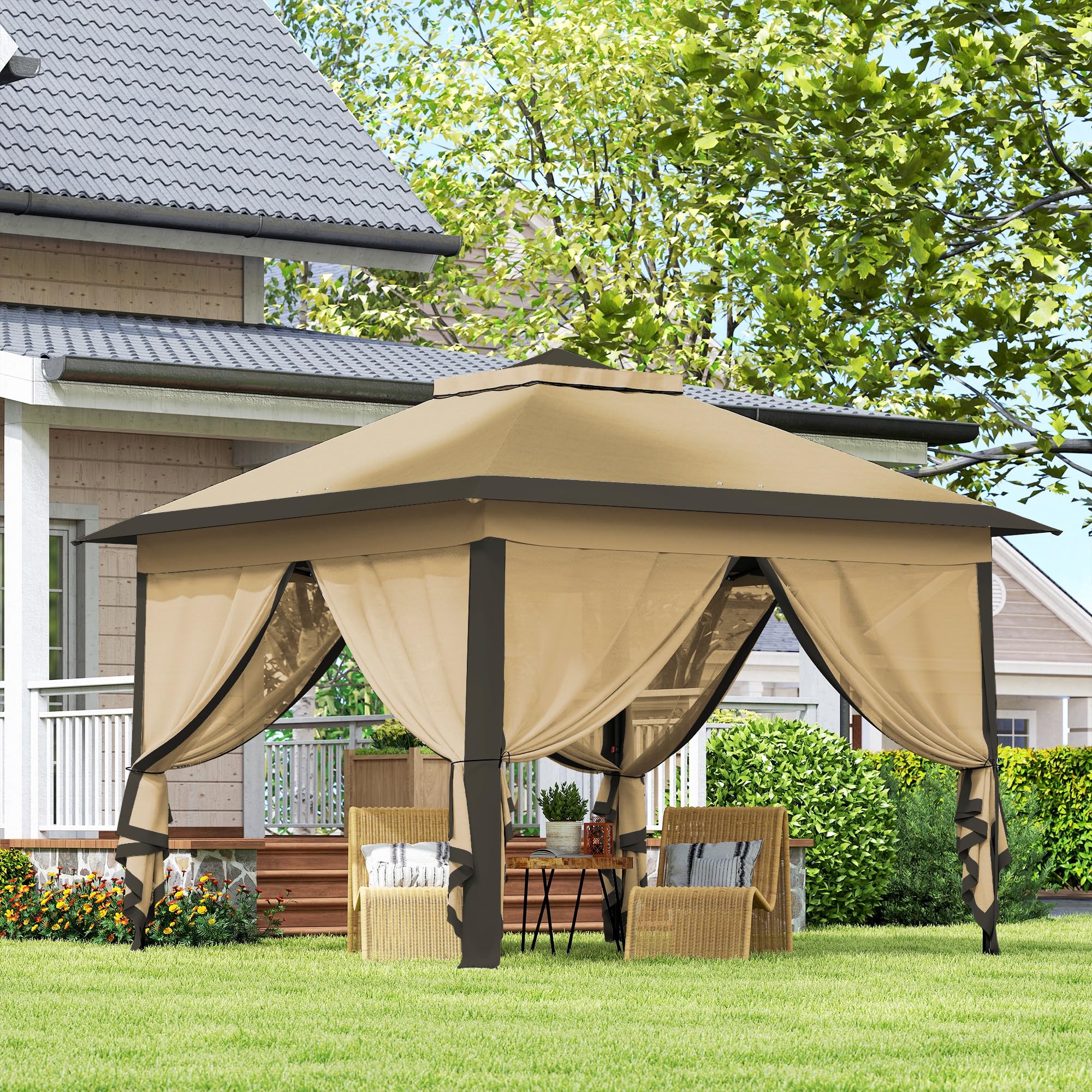 Outsunny Tonnelle Pliante Pop-up Double Toit 3,3x3,3m Beige et Marron
