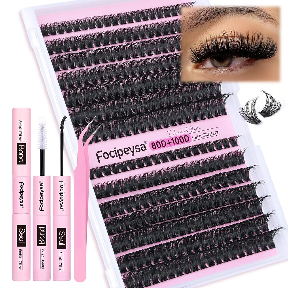 Focipeysa DIY Eyelash Extension Kit Lash Extension Kit D Curl Lash Clusters Kit Individual Eyelashes with Lash Bond and Lash Seal, Tweezers, DIY Lashes at Home (280Pcs 80D+100D 8-16mm)
