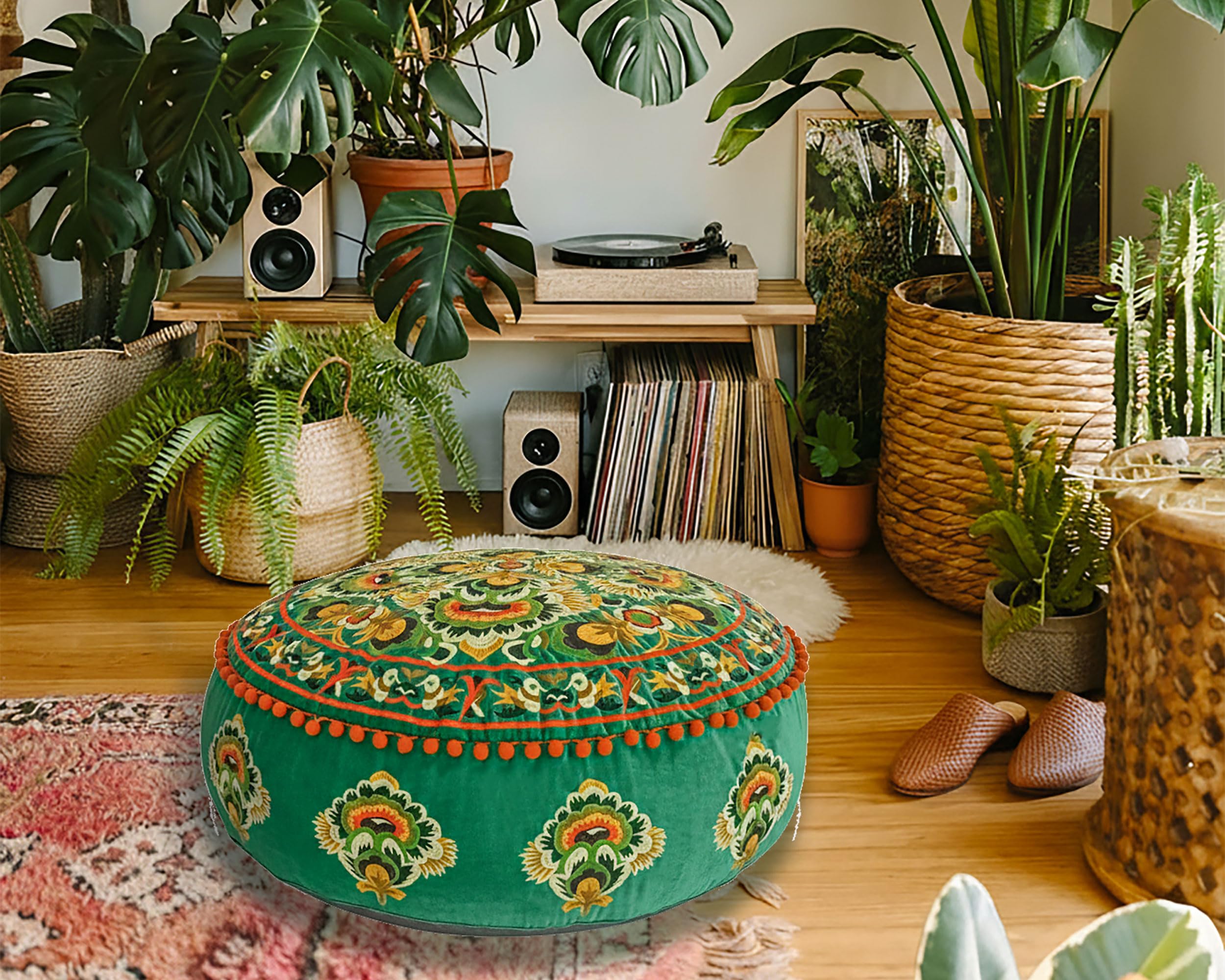 Fodera Per Cuscino Rotondo 70 Cm - Pouf Ottomano Ricamato Verde Scuro - Cuscino Da Pavimento Etnico Boho Con Nappe - 6
