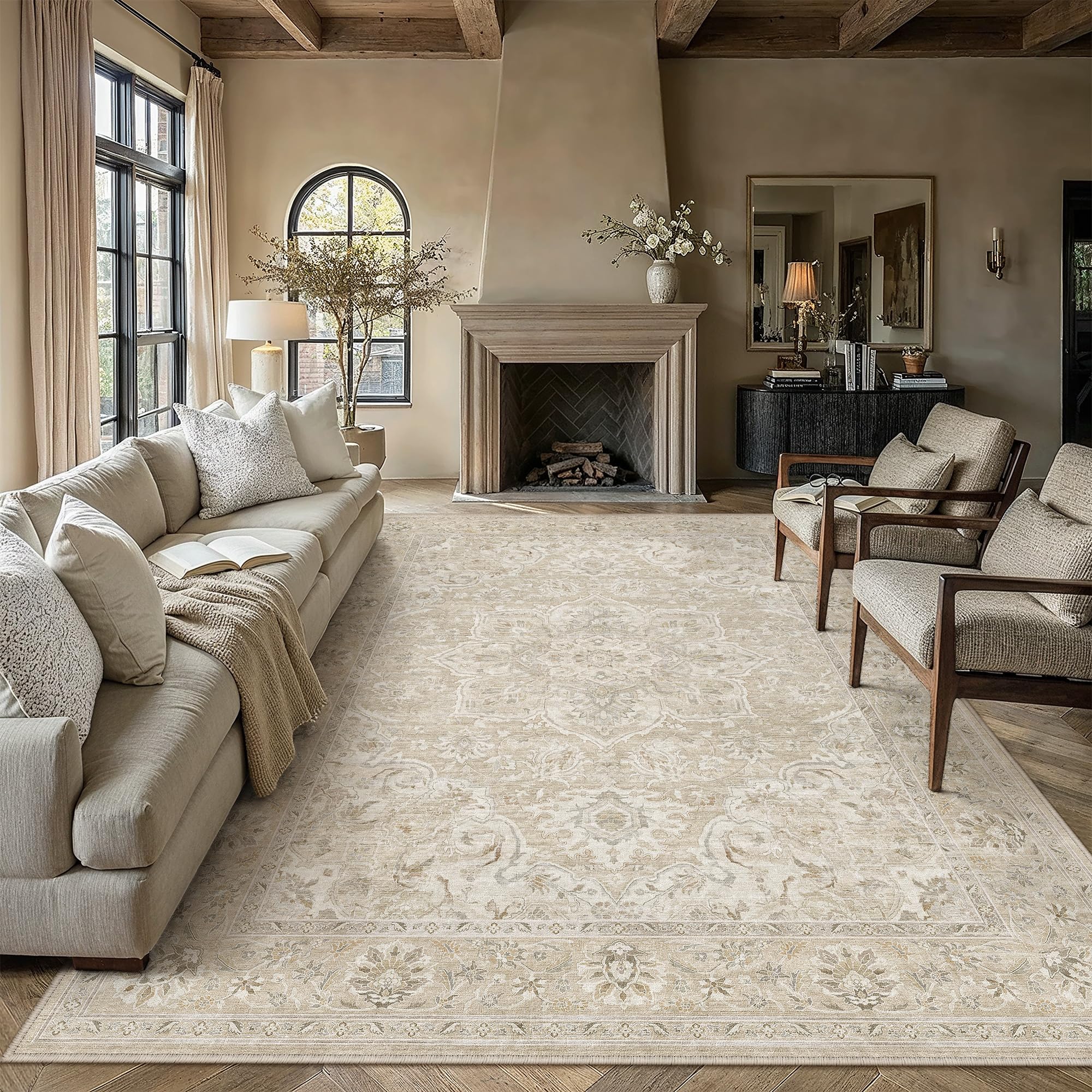 PureCozy Vintage Rugs Living Room 200x300cm Machine Washable Non Slip Large Carpet Low Pile Soft Area Rug Bedroom Dining Room Office Lounge Kitchen Laundry Carpets,Beige
