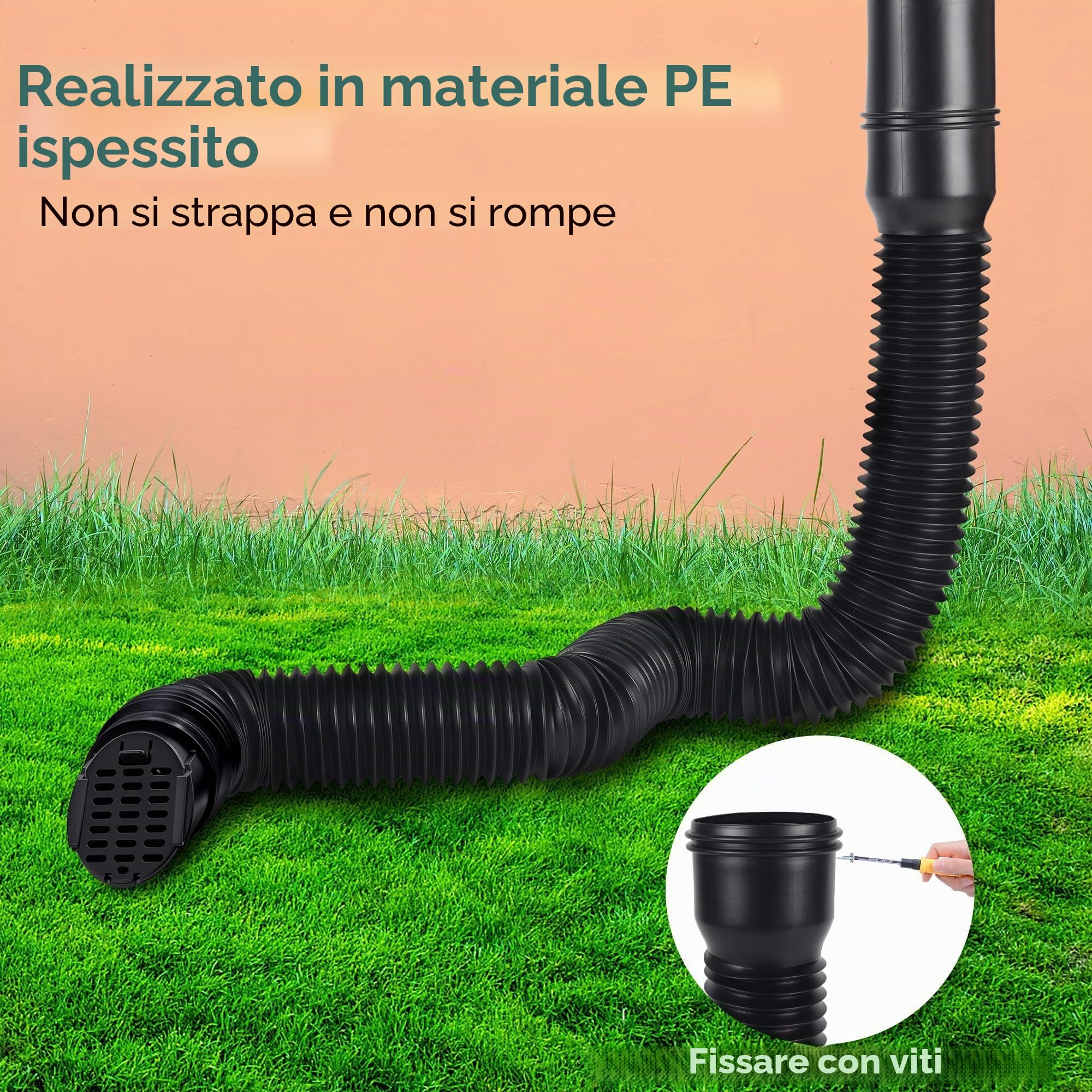 Prolunga Flessibile per Grondaia, 80/100 mm Prolunga Rotonda per Tubo di Scarico con Griglia di Drenaggio, Estensione da 47 a 150 cm, Accessori per Tubo Pluviale (Nero, 1 Pezzo)