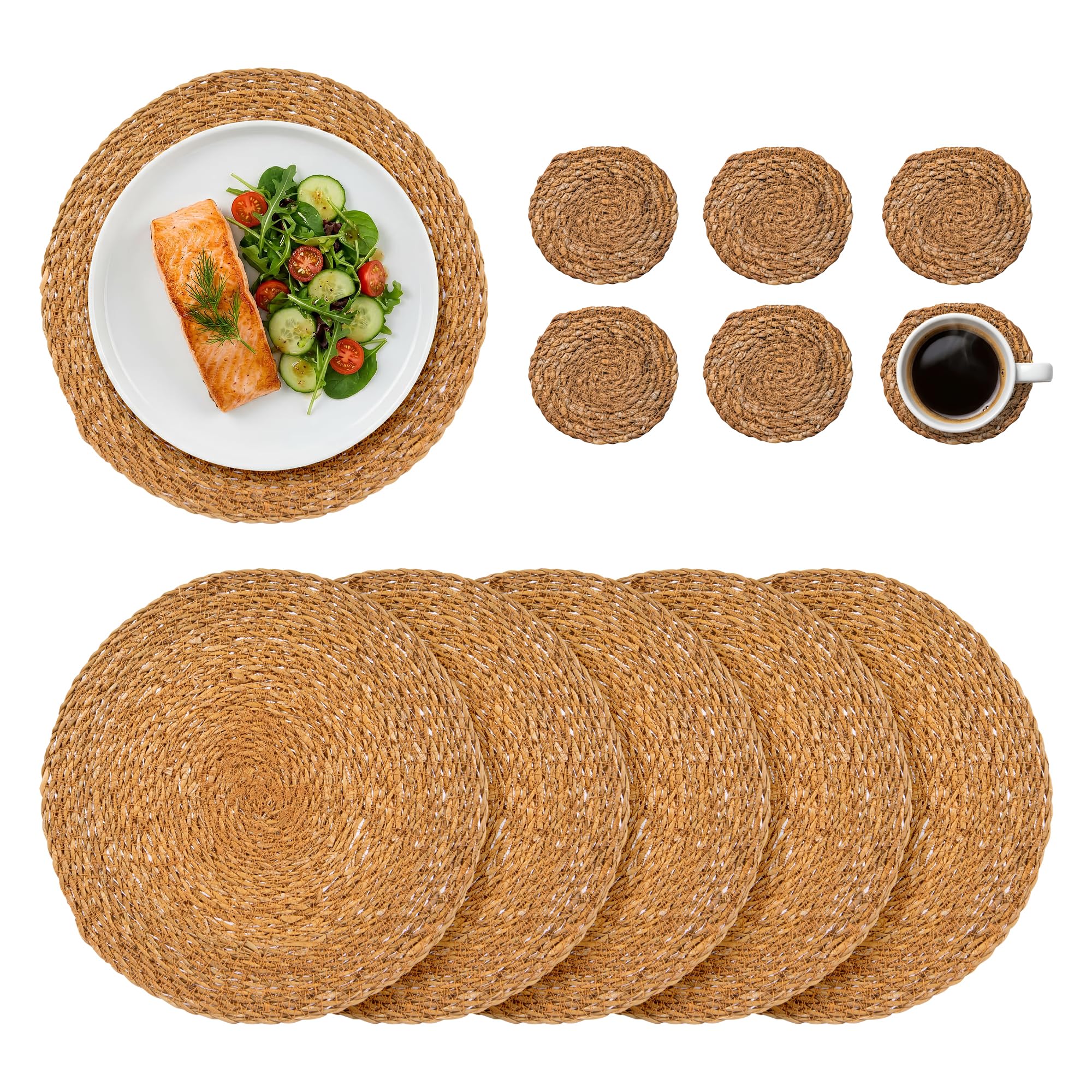 Argon Tableware Brown Round Woven Typha Placemats & Coasters Set - 12 Piece