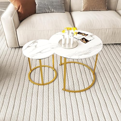 Miniatura 9 de Juego de 2 mesas de centro redondas anidadas blancas, mesas de madera con patrón circular de mármol, nórdico simple para sala de estar, juego de