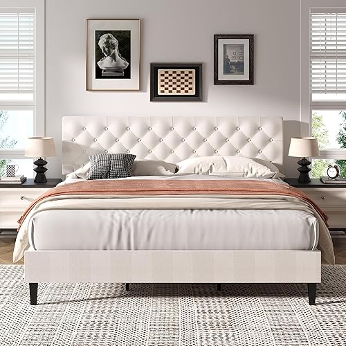 Miniatura 26 de BarnFurin Base de cama Queen, plataforma tapizada con cabecera capitoné con botones, camas de tela tamaño Queen con soporte de listones de madera,