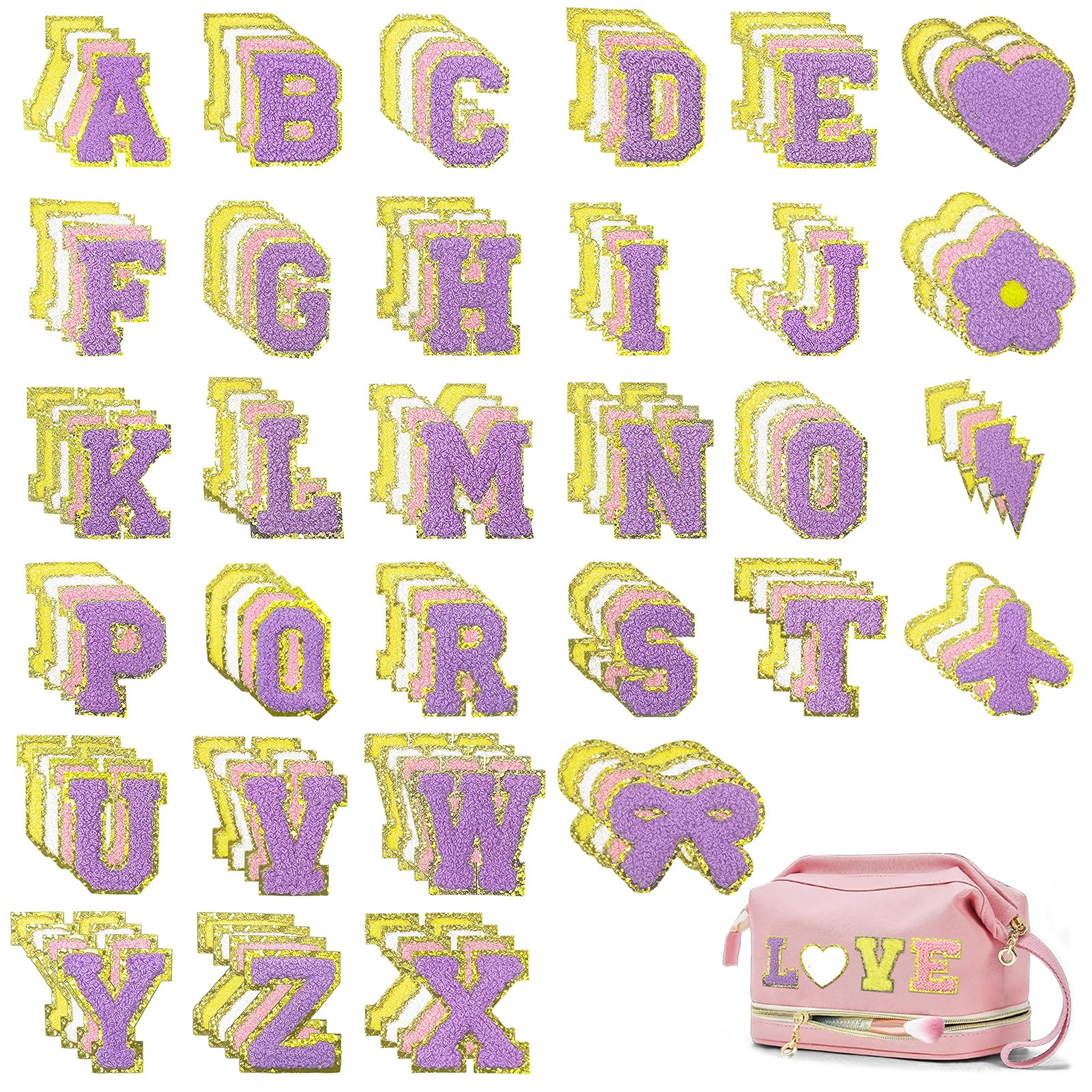 Photo 1 of 124PCS Chenille Embroidered Patches, 4 Colors Self Adhesive Chenille Letters Patches Glitter Shapes Iron-On Fabric Stickers for DIY Clothing Repair, Hats, Backpacks, Jackets, Makeup Bags