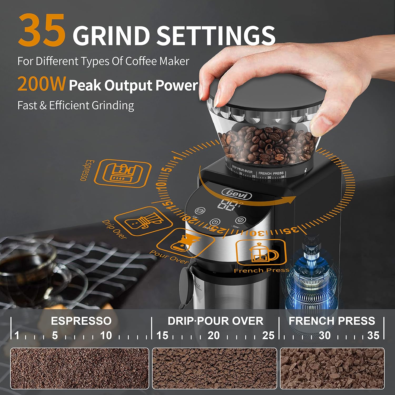 Gevi coffee grinder with 35 grind settings for different coffee types