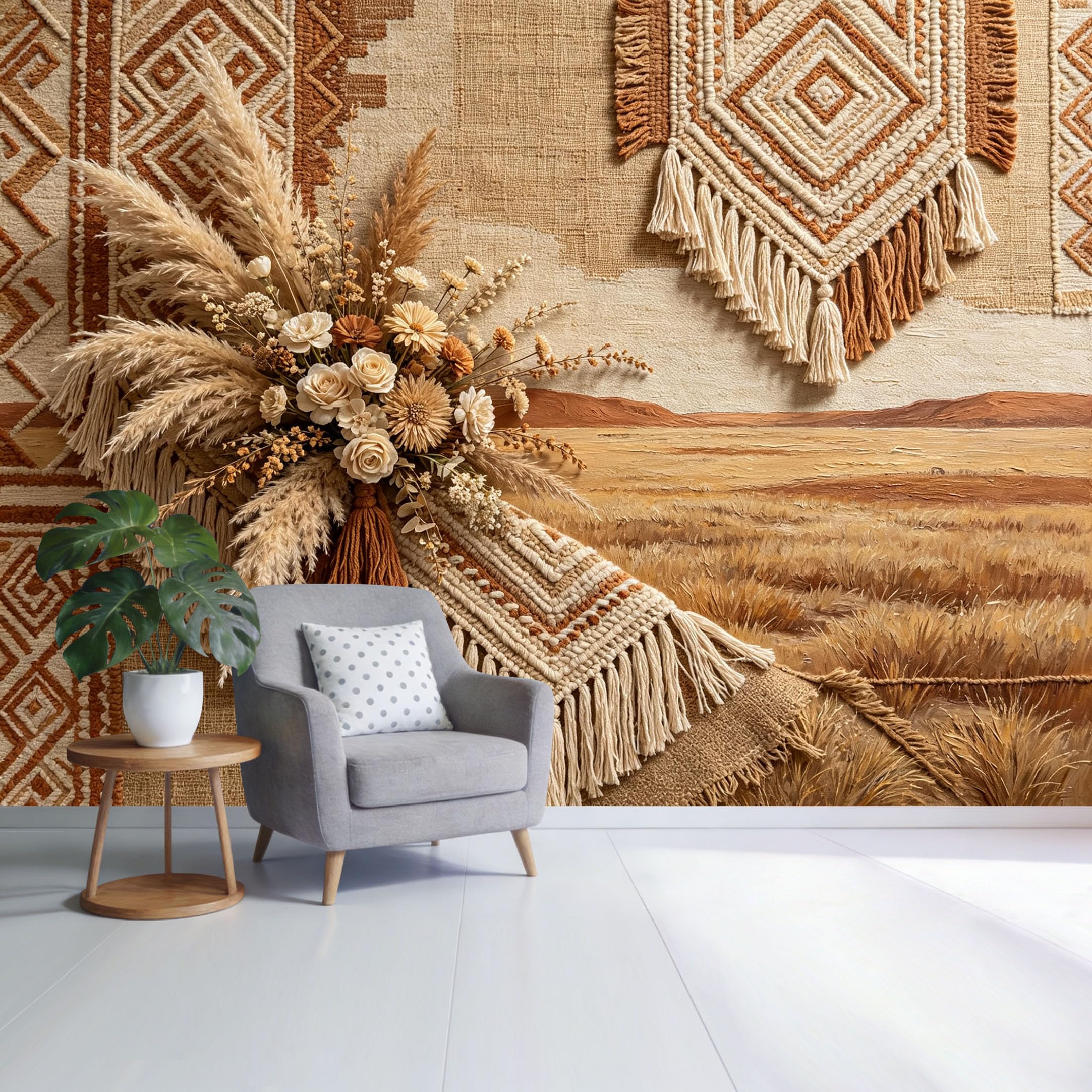 Custom Size Wall Mural Boho Farmhouse Dried Flower Bouquet and Woven Tapestry Pattern Textured Landscape SelfAdhesive Wall Fabric Removable Wallpaper for Home Office Decor