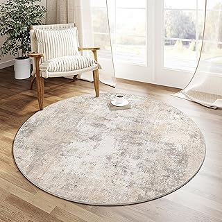 PureCozy Round Rug 120cm Beige Grey Washable Non Slip Circle Area Rugs Living Room Bedroom Bedside Lounge Office Restaurant Low Pile Decoration Carpets Modern Abstract Natural Carpet