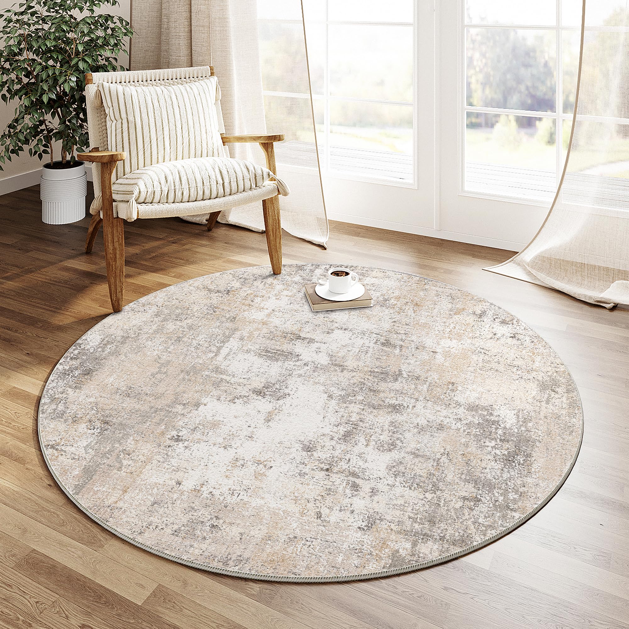 Tapis rond 120cm au design abstrait naturel et finitions haut de gamme