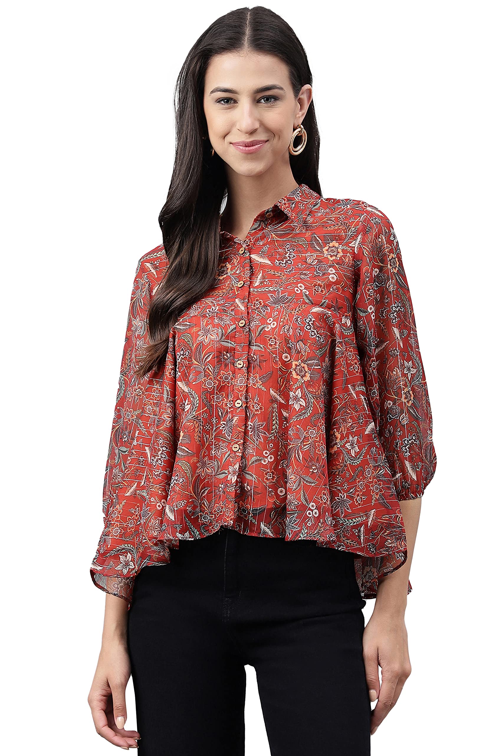 JanasyaWomen's Rust Chiffon Lurex Digital Printed Flared Top