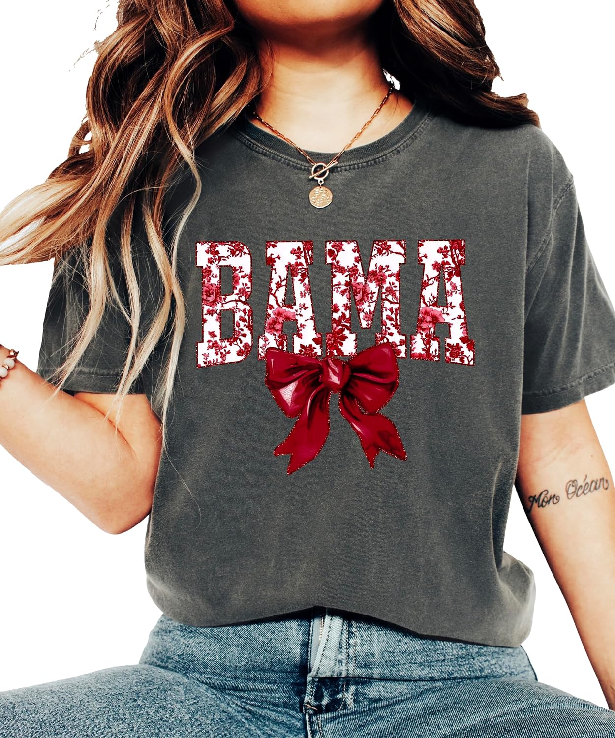 Bama Red Floral Bow Shirt for Women & Teens Trendy Alabama School Sports Fan Tee