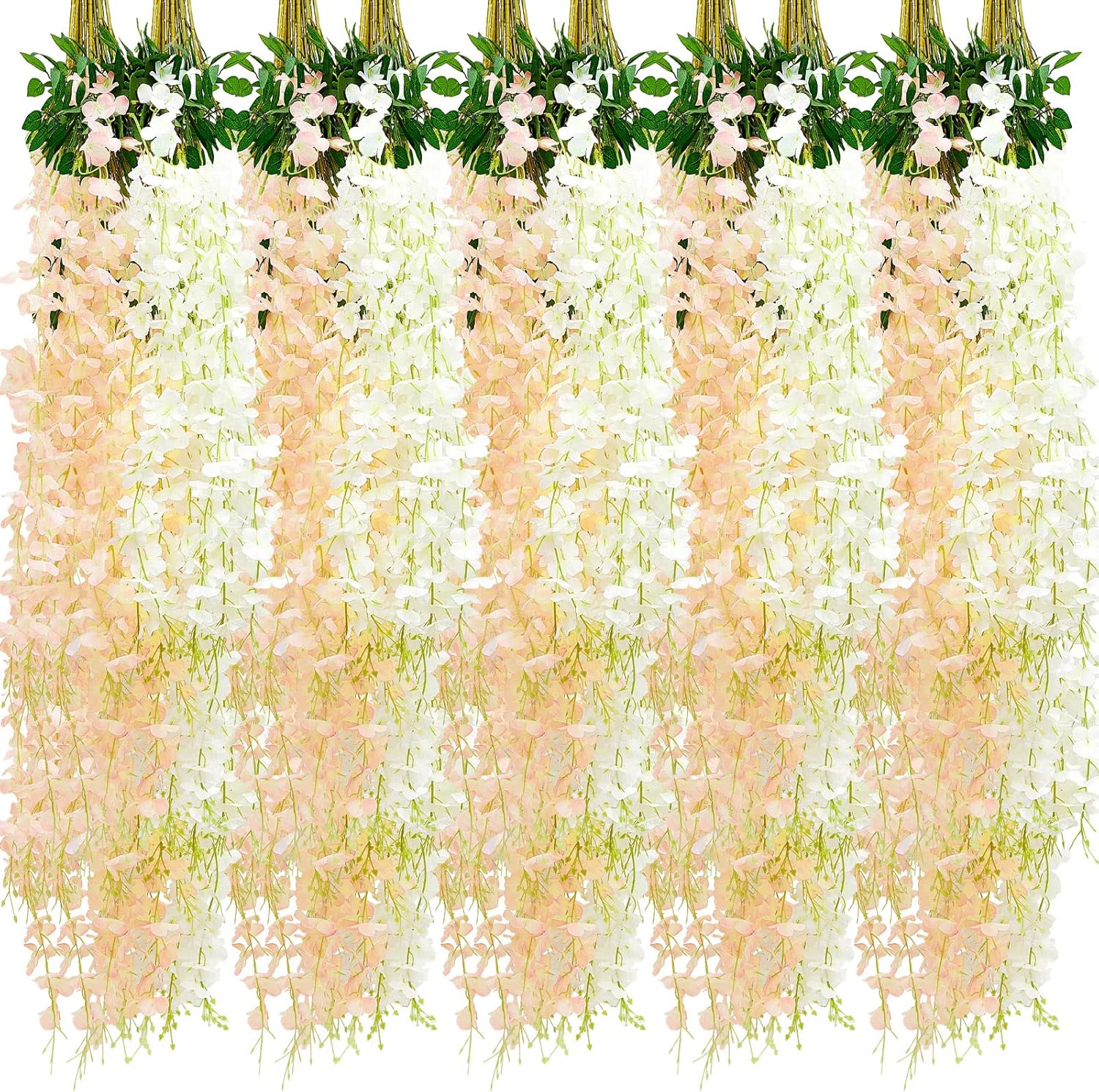 Artificial Wisteria Hanging Flowers 3.6 ft Artificial Fake Wisteria Vine Rattan Hanging Garland Silk Flowers String for Wall Home Wedding Party Greenery Decorations (Champagne, White,24 Pcs)