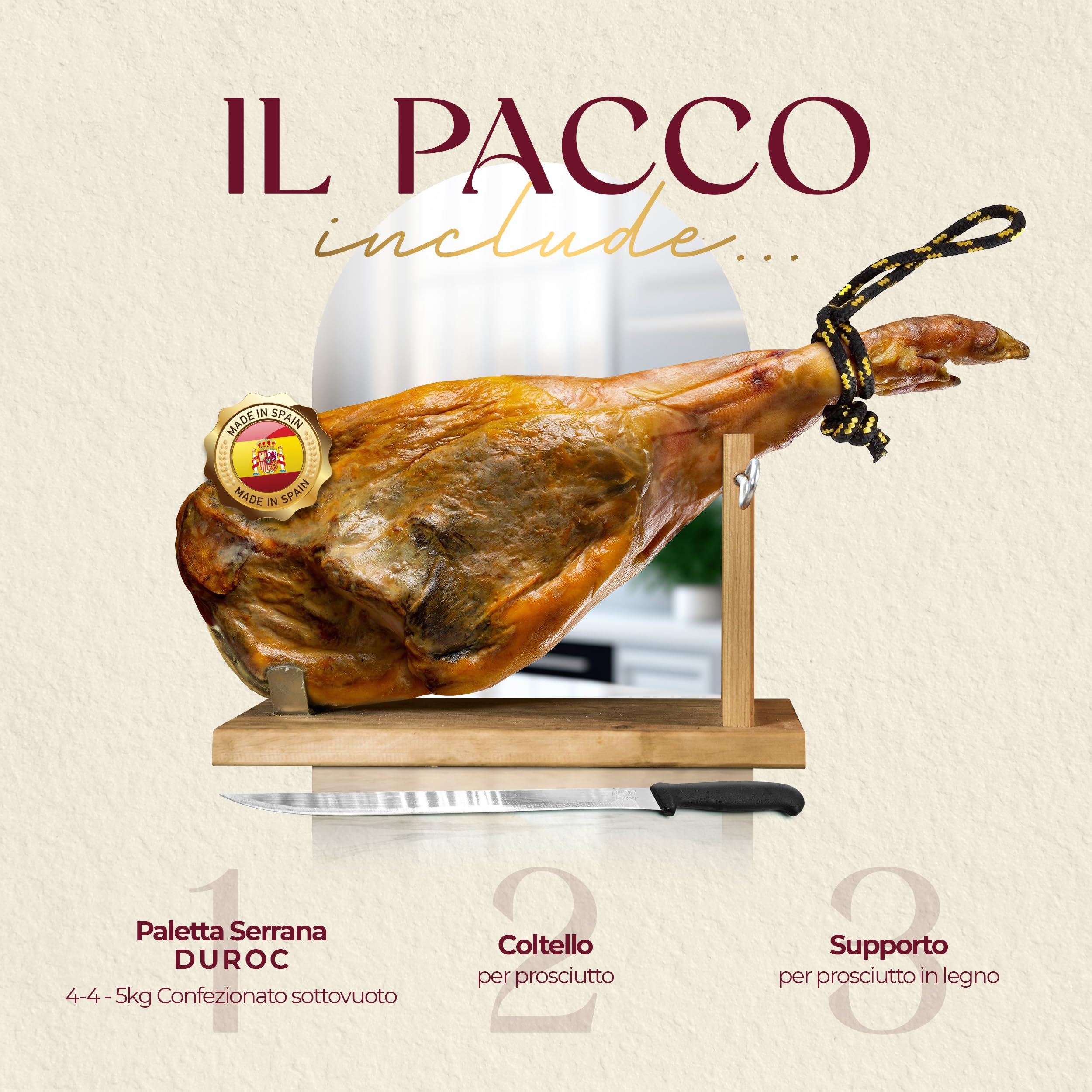 JAMCURRO Prosciutto Crudo Intero DUROC 4,5-5 kg Spalla - Jamon Serrano, Include Porta Prosciutto e Coltello per Prosciutto Spagnolo - Prosciutto Serrano - 12 Mesi di Stagionatura - Jambon Spagnolo