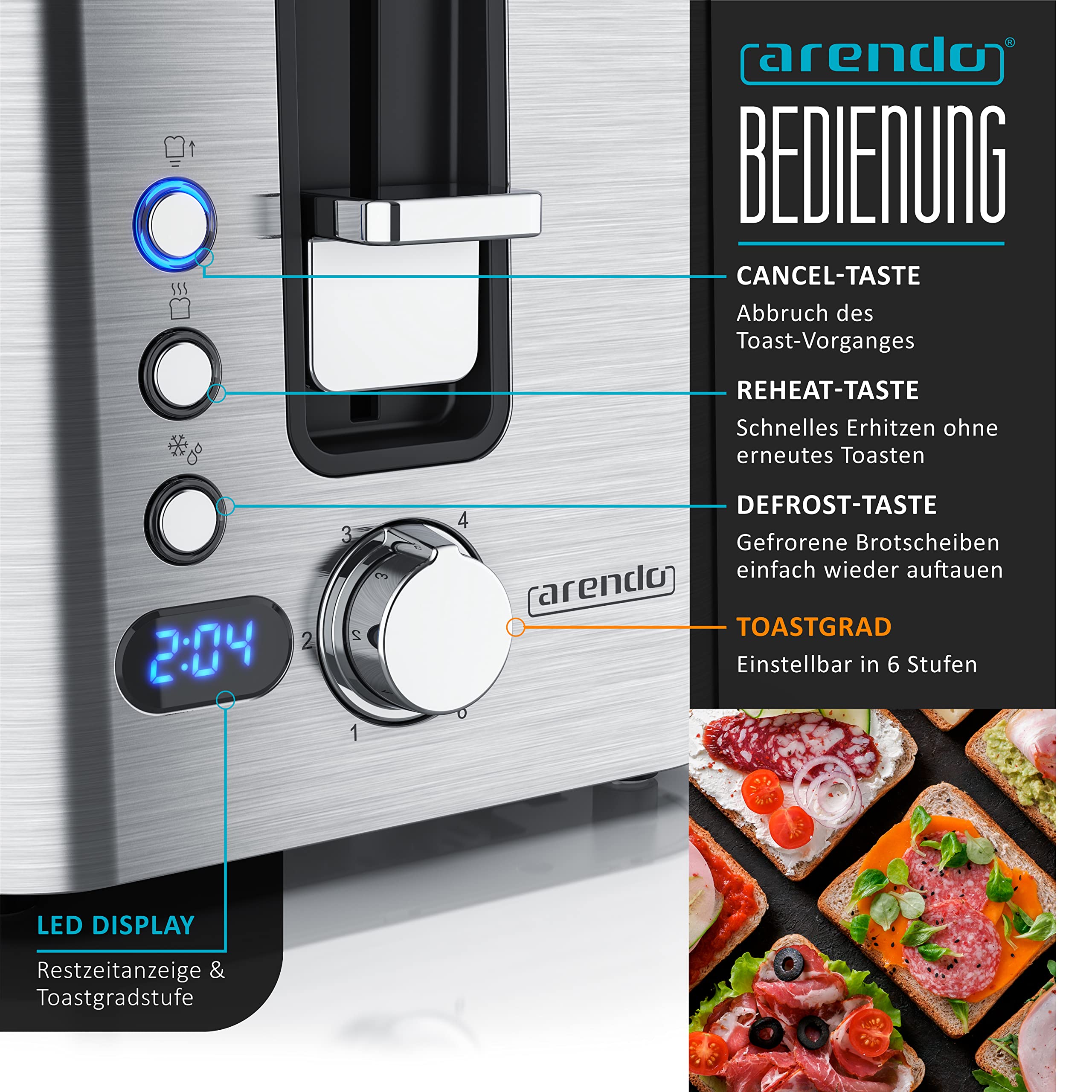 Arendo - Edelstahl Toaster Langschlitz 4 Scheiben - Defrost Funktion - wärmeisolierendes Gehäuse - mit integriertem Brötchenaufsatz - 1400W - Krümelschublade - Display mit Restzeitanzeige - Silber