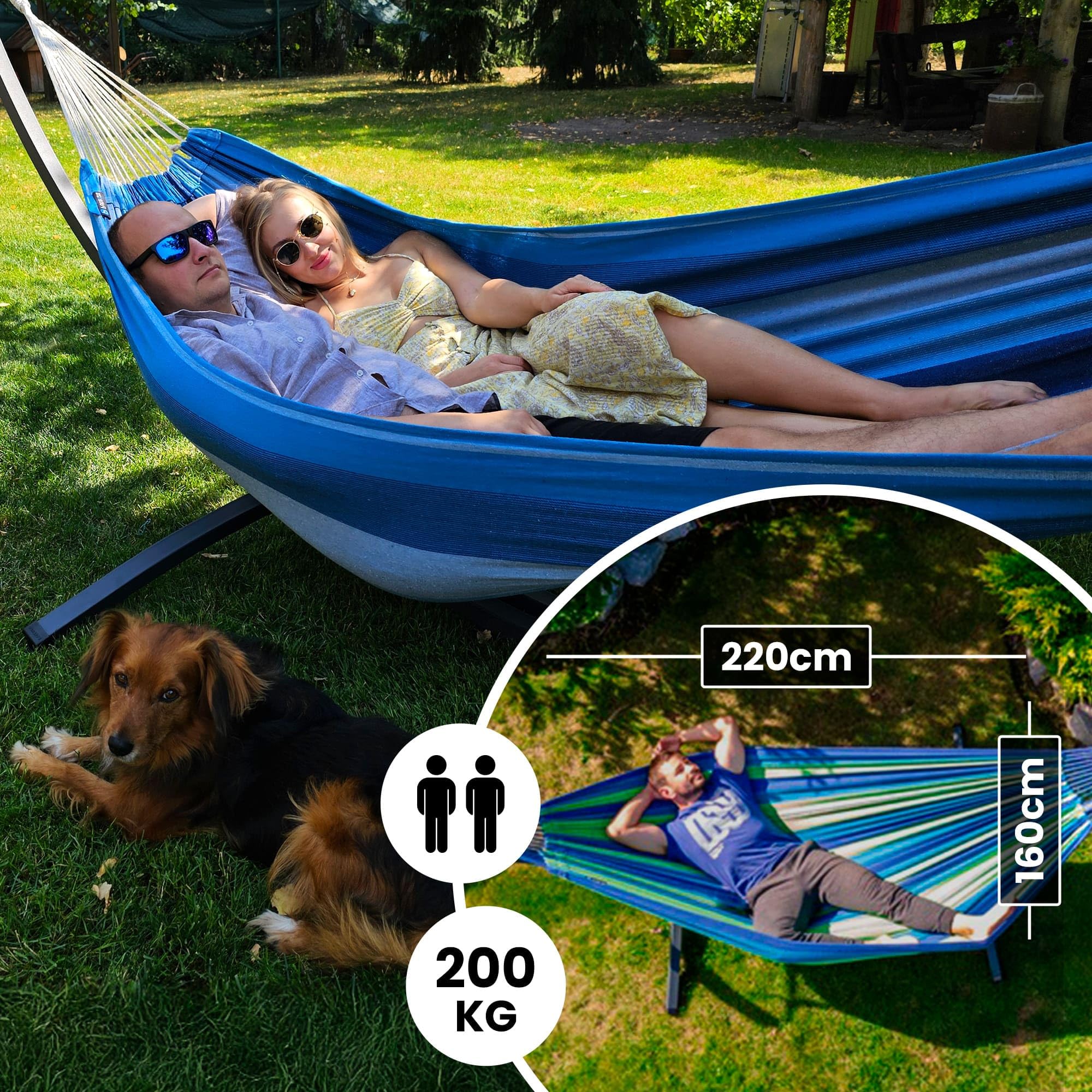 Potenza Hamaca con Soporte Incluido en Jardin, de Tela Multicolor, para 2 Personas Doble I Grande Soporte Capacidad de 220 Kg I Hamaca 220x160 cm (Azul, Soporte Gris)