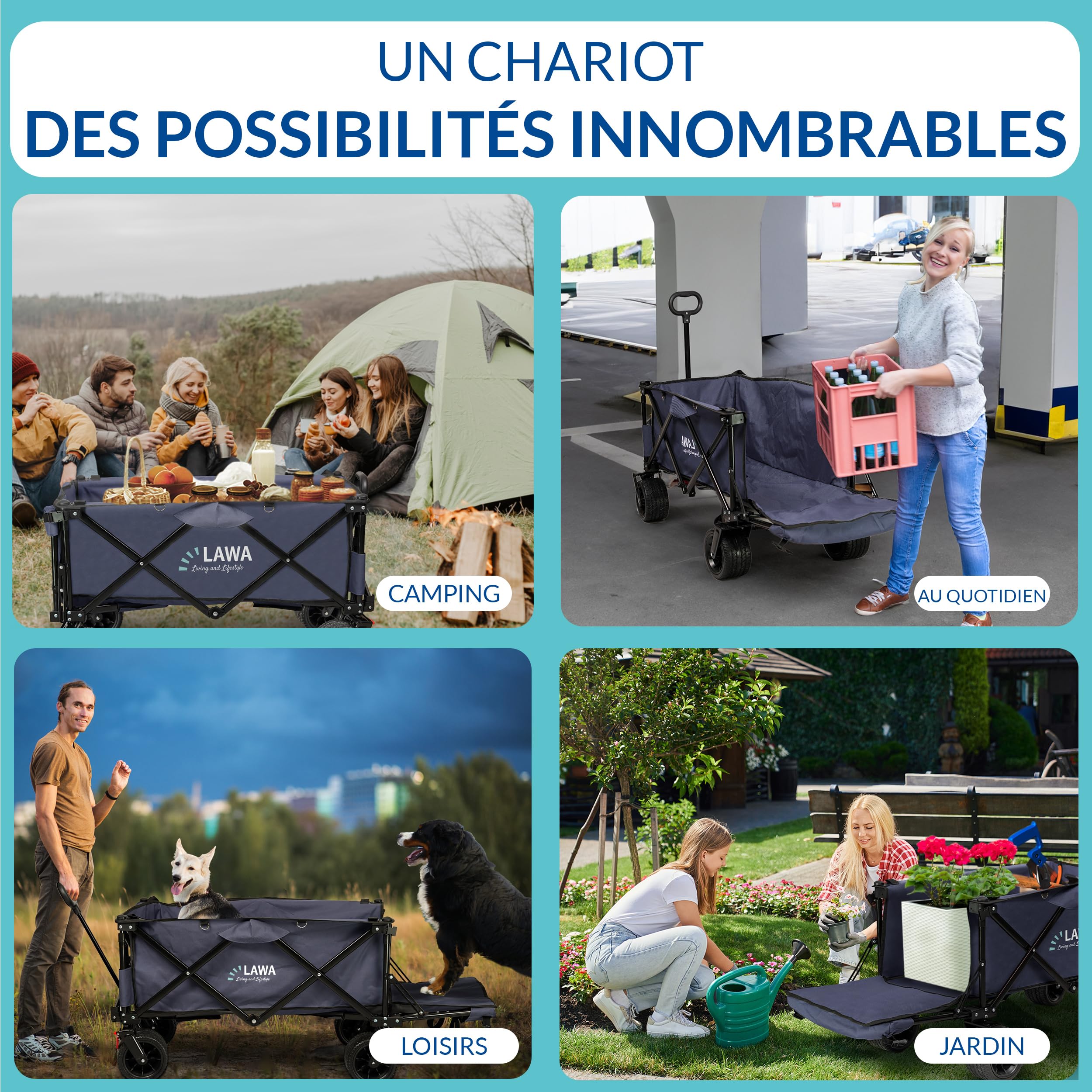 Chariot Pliable avec Hayon et Chariot de Plage Jardin Bleu | Chariot de Plage, Chariot de Jardin, Transport Extérieur, Capacité 100kg, Multifonction