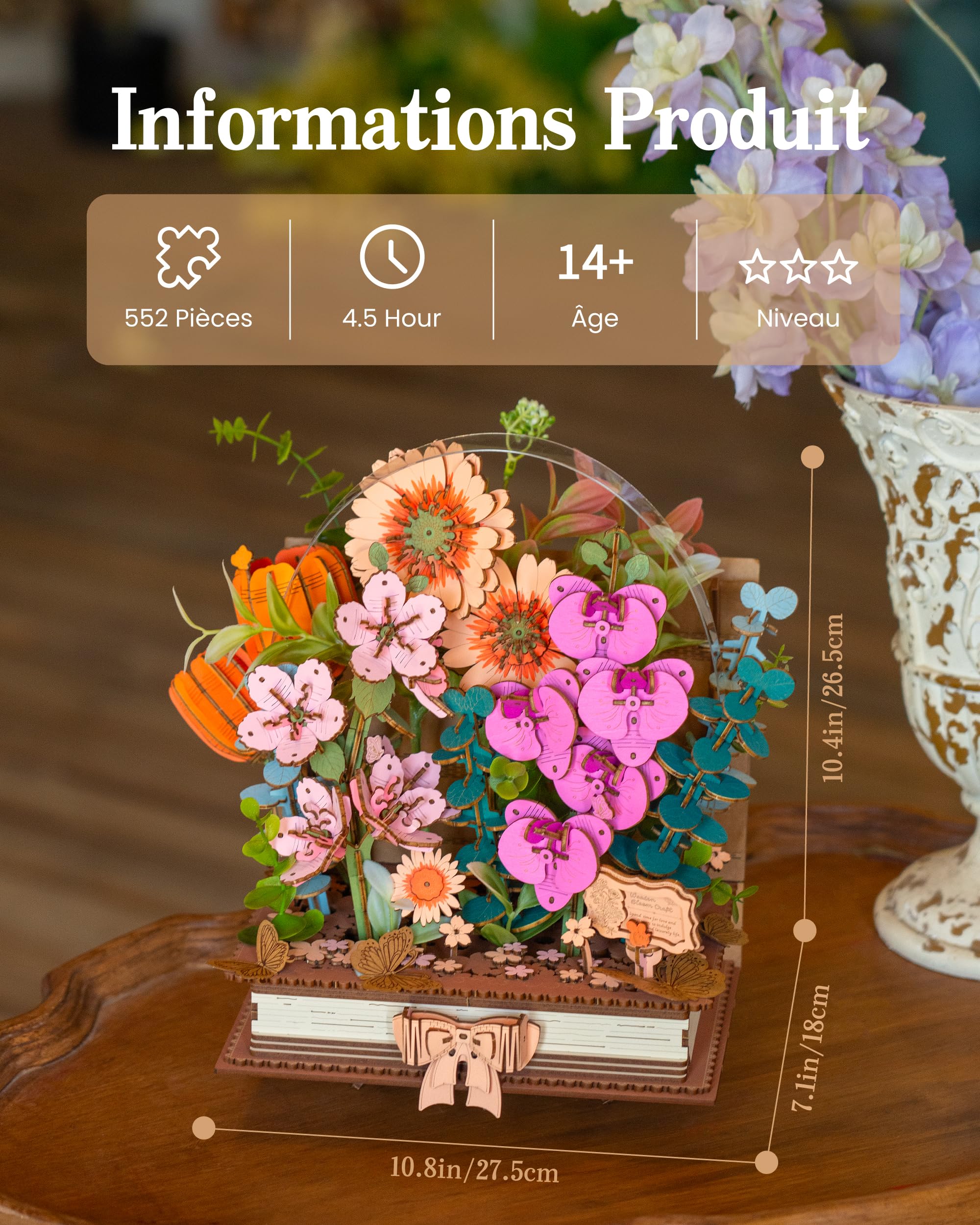 ROBOTIME Puzzle En Bois 3D Livre Fleuri, Kit Modèle Fleur Artificielle Pour Adultes, Ensemble De Construction DIY, Décoration Murale Artistique Pour Noël