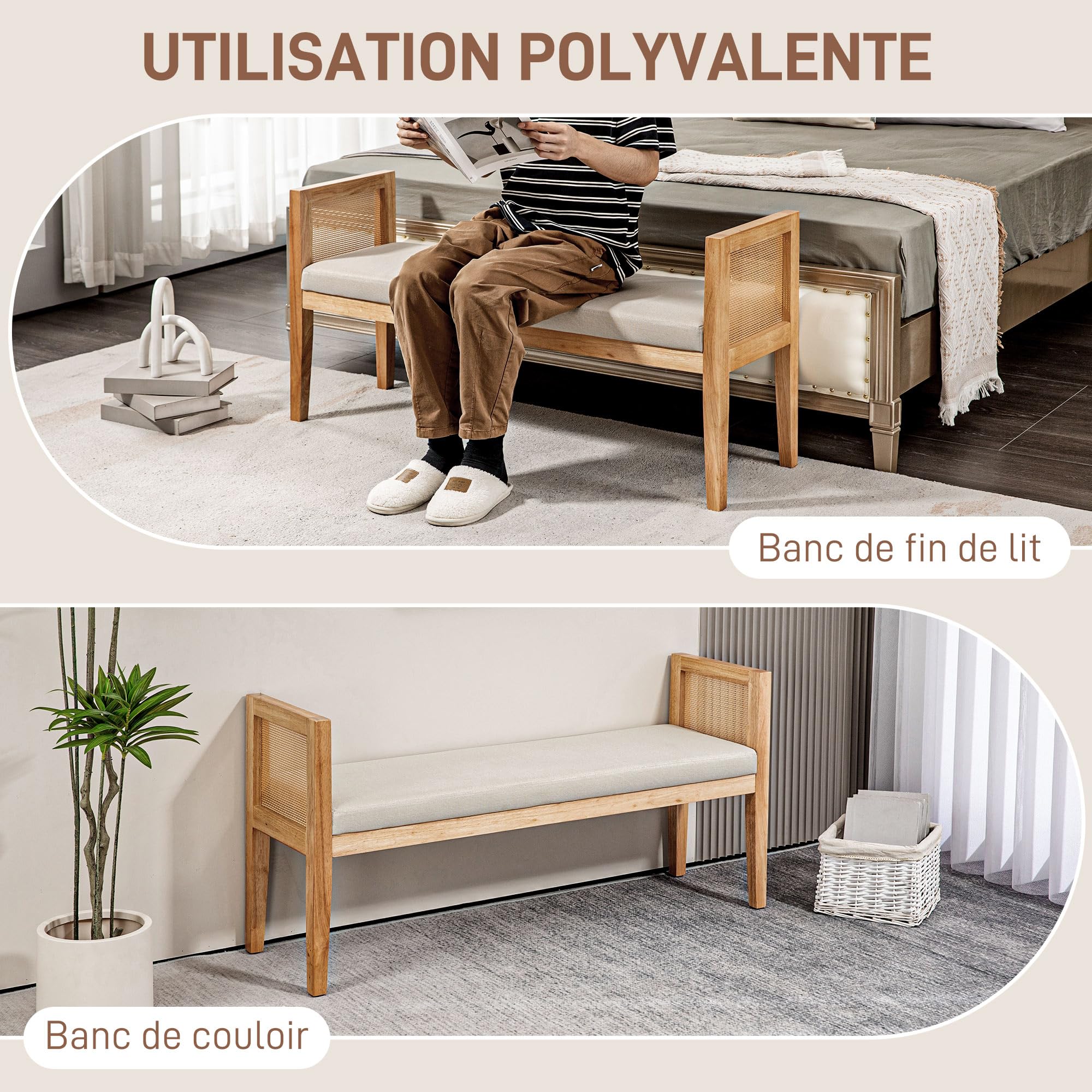HOMCOM Banc Bout de lit, Banc d'entrée, accoudoirs en rotin et Cadre en Bois Massif, Assise rembourrée en Tissu Aspect Lin, Bout de lit pour Chambre, Salon, Design Moderne, crème