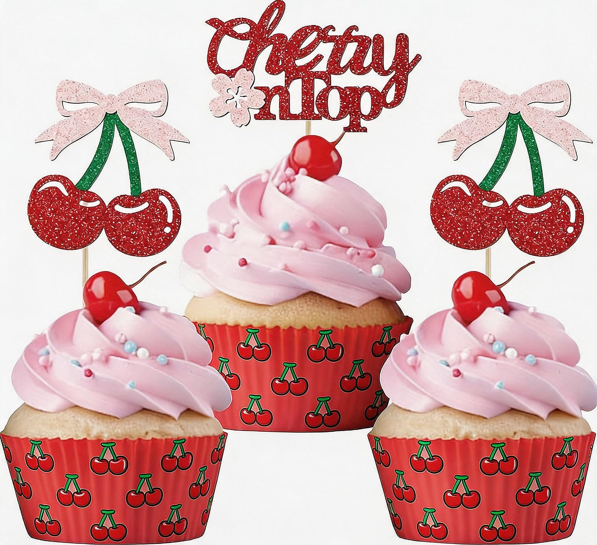 24 Pcs Cherry Cupcake Topper Glitter Pink Cherry Birthday Decorations