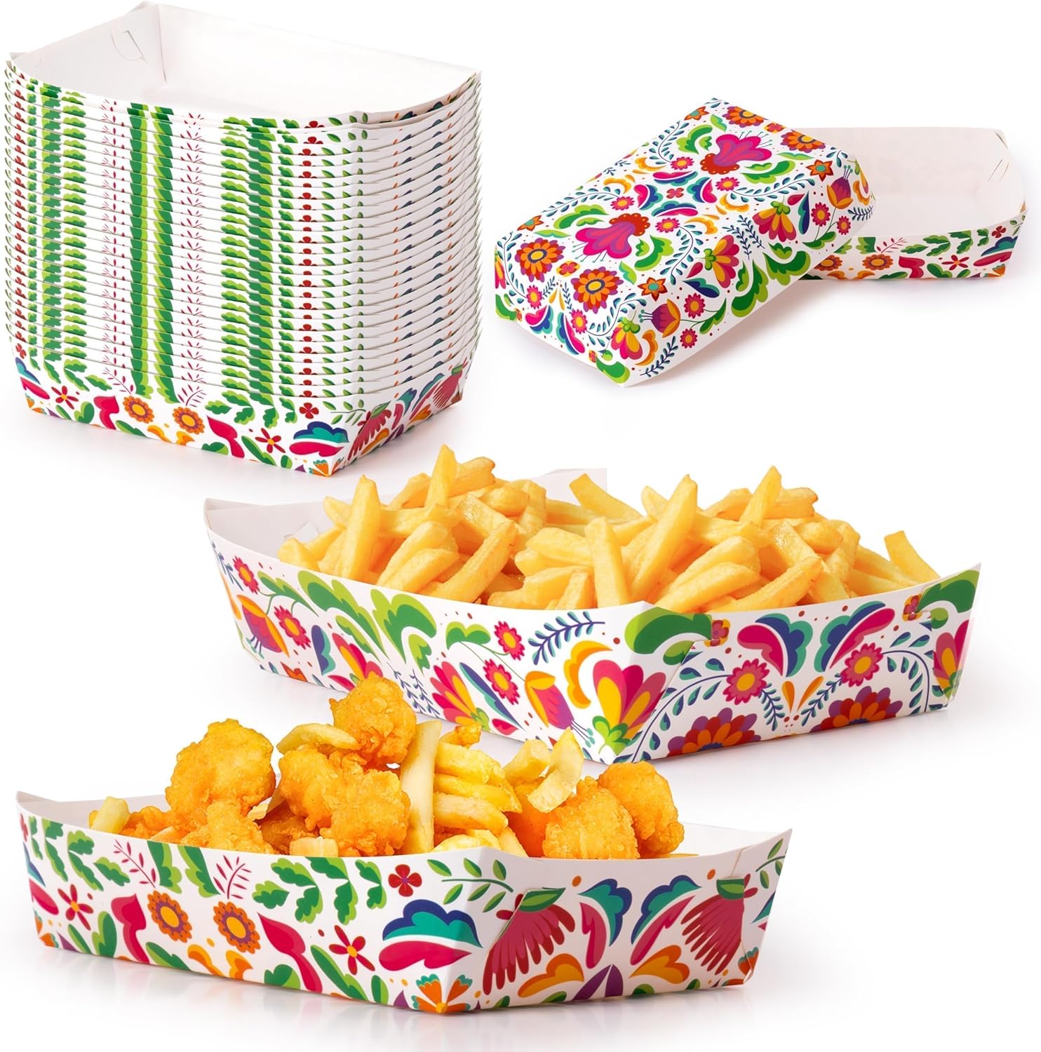 Mexican Cinco de Mayo de Taco Nights Food Trays 100Pcs Mexican Nacho Popcorn Unassembled Trays Snack Candy Holder Disposable Paper Plates Holiaday Carnival Party Picnic Food Container