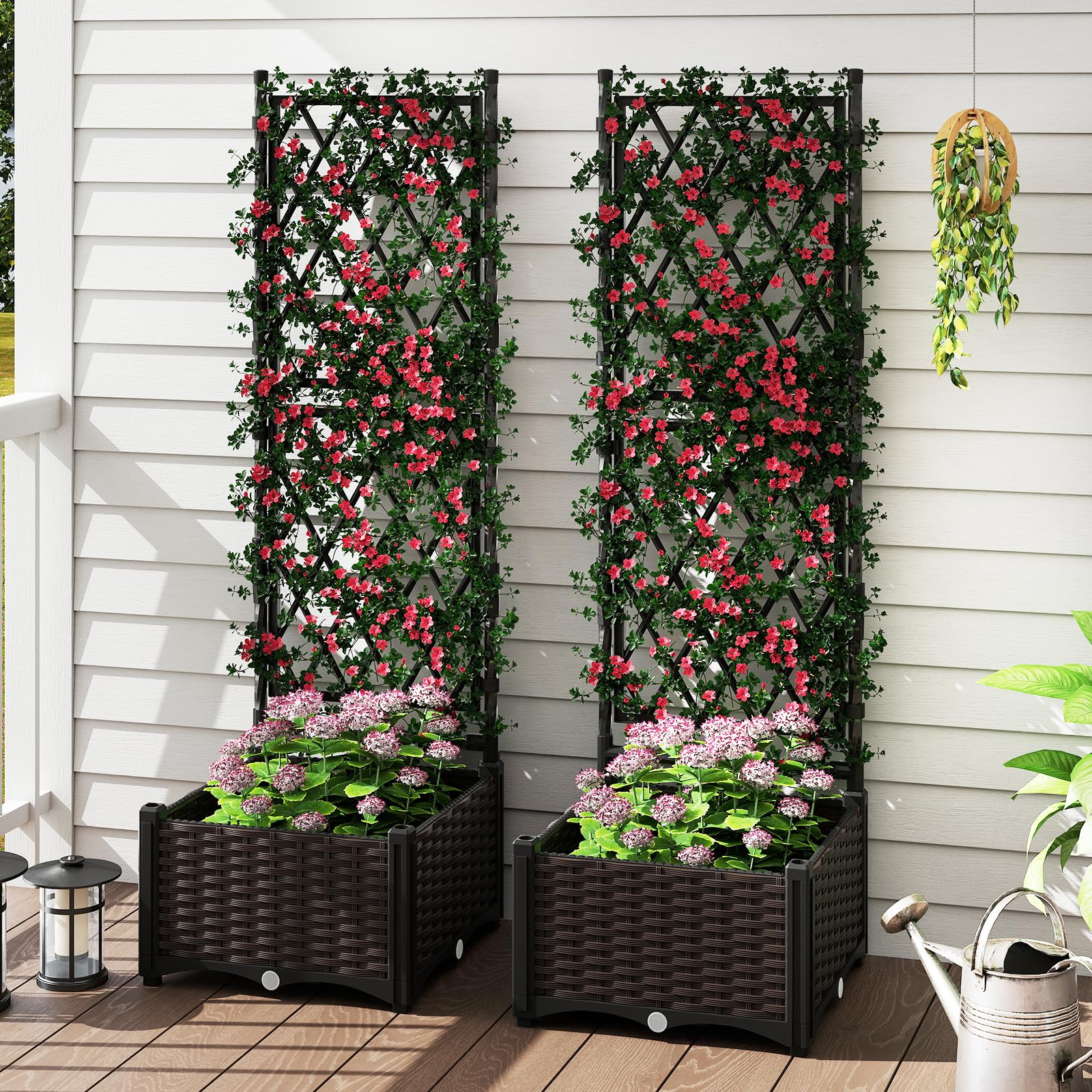 HOMASIS Lit de Jardin Surélevé avec Treillis, Jardinière d’Extérieur avec Disque Auto-Arrosant, Trous de Drainage, Bac à Fleurs pour Plantes Grimpantes, Légumes 80 x 40 x 126 cm (Noir)