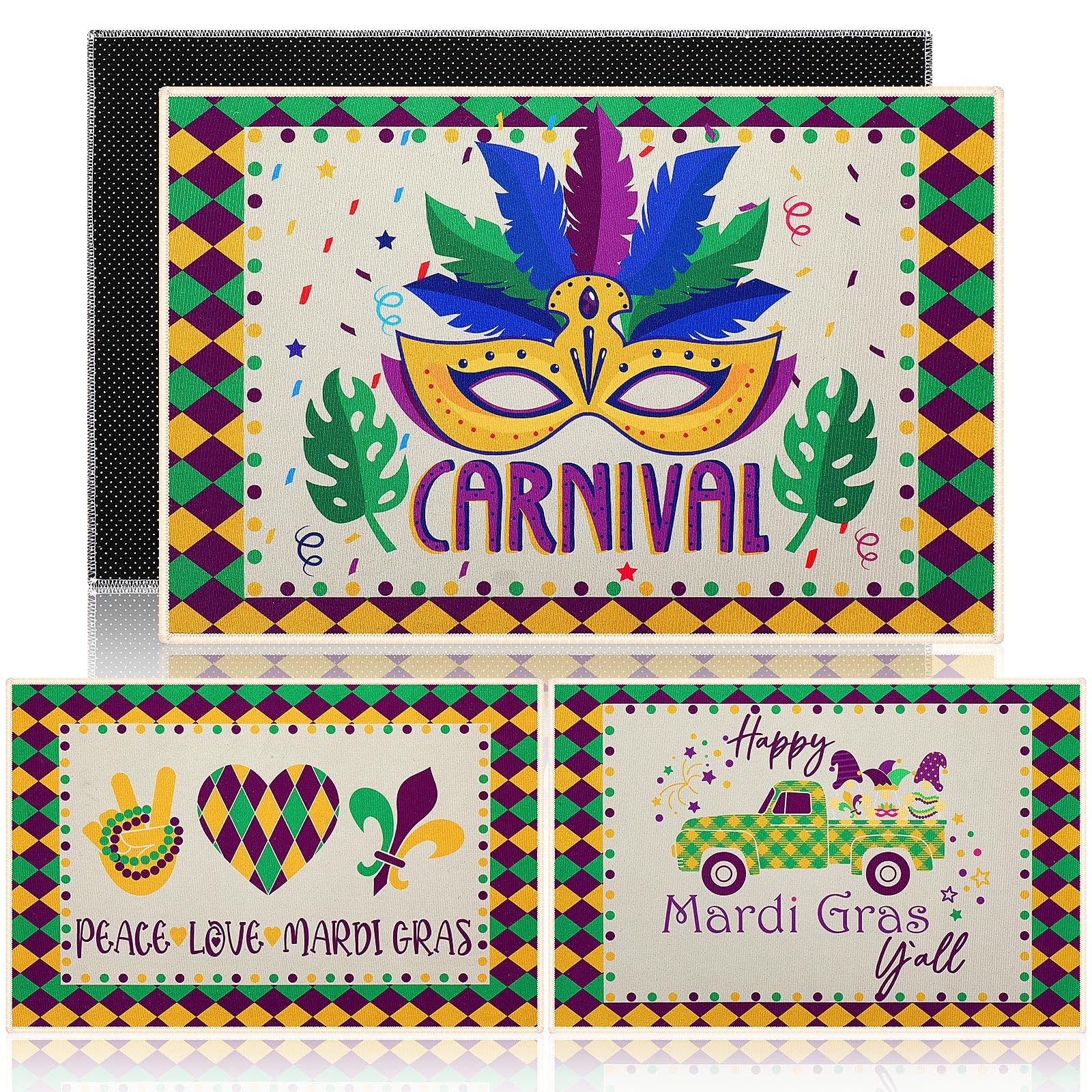Photo 1 of 3 Pcs Mardi Gras Welcome Decorative Rug Outdoor for Front Door Purple Green Gold Non Slip Entrance Bathroom Doormat for Indoor Outdoor Home Kitchen Front Door Decorations 16 x 24 Vivid Style