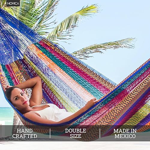 Miniatura 5 de NOVICA Hamaca maya azul y brillante hecha a mano, hecha a mano, hecha a mano, maya de nailon tejido, larga duración, ribete de nailon de algodón,