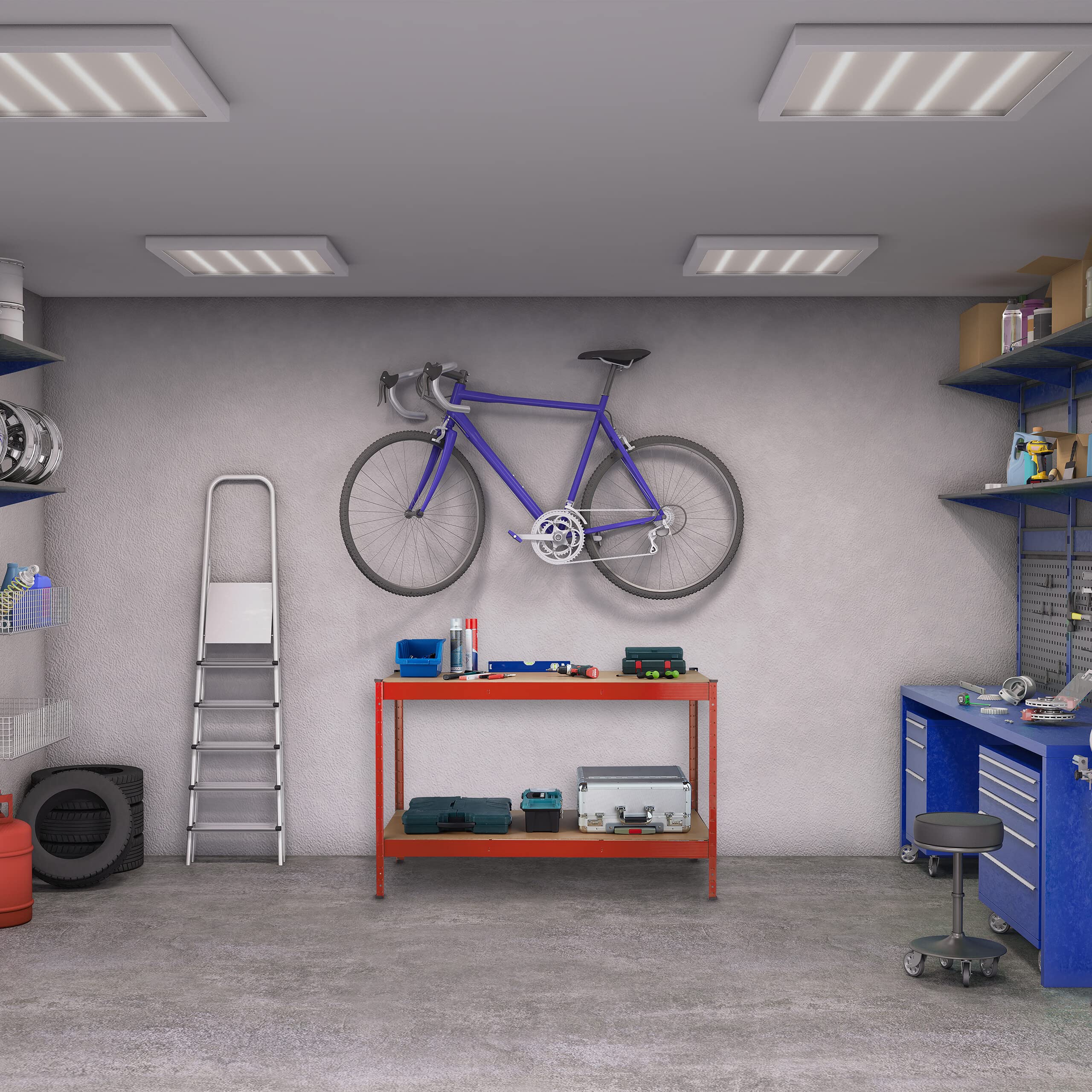Relaxdays Banco da Lavoro Officina, Tavolo da Garage, 2 Scaffali, Altezza Regolabile, Acciaio e MDF, 91x141x61 cm, Rosso