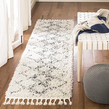SAFAVIEH Pro Luxe Shag Collection Runner Rug - 2'6 x 6', Cream & Blue, Boho Tassel Design, Non-Shedding & Easy Care, 2.4-inch Thick Ideal for High Traffic Areas in Living Room, Bedroom (PLX432A)