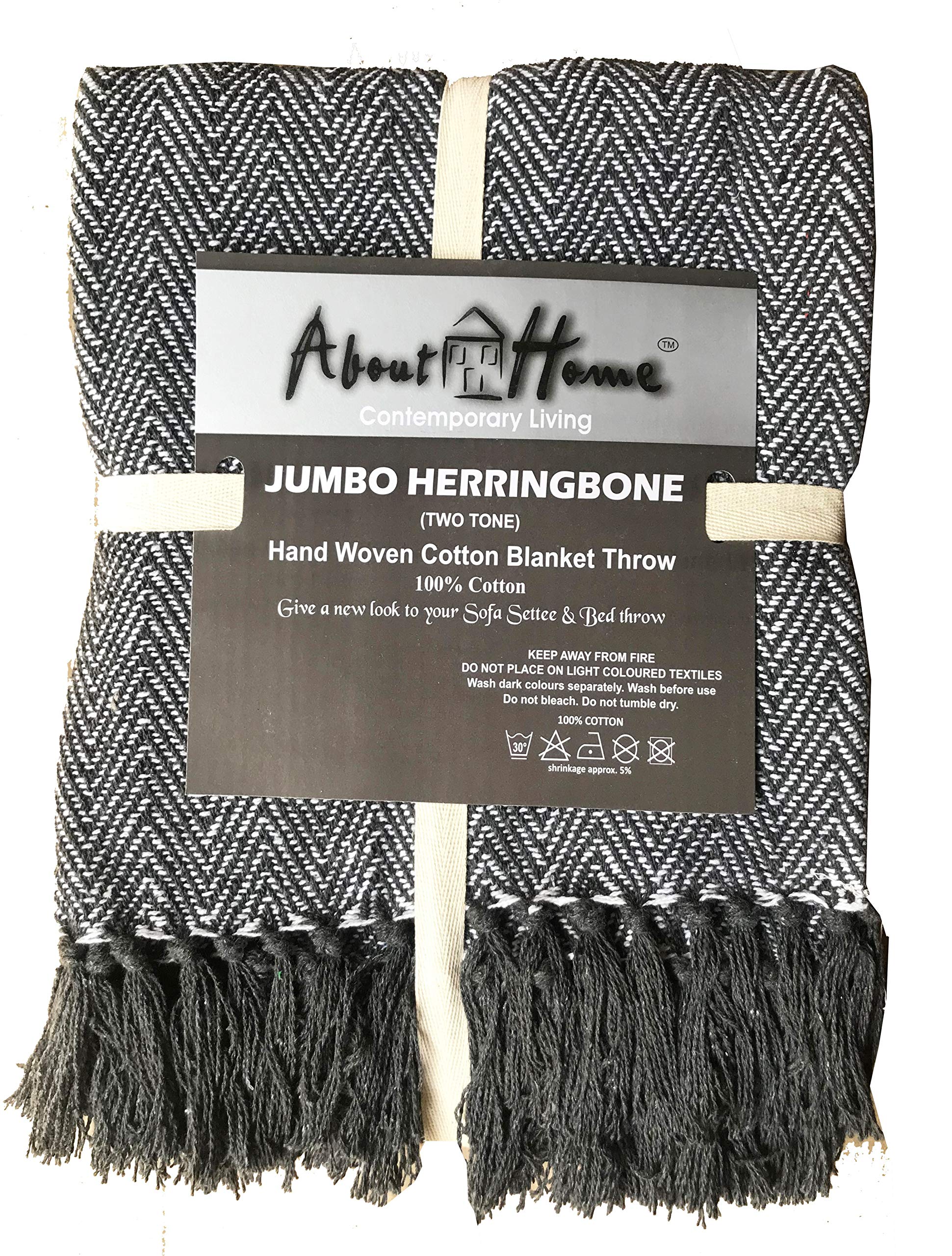 About Home Grey/Nat 100% Cotton Herringbone Blanket Throw, Settee Cover (, 50"X60")