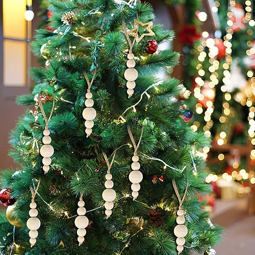 Miniatura 5 de 24 adornos para árbol de Navidad, decoraciones colgantes de cuentas de madera, guirnalda de cuentas naturales, rústica, pequeña, de madera, bohemio,