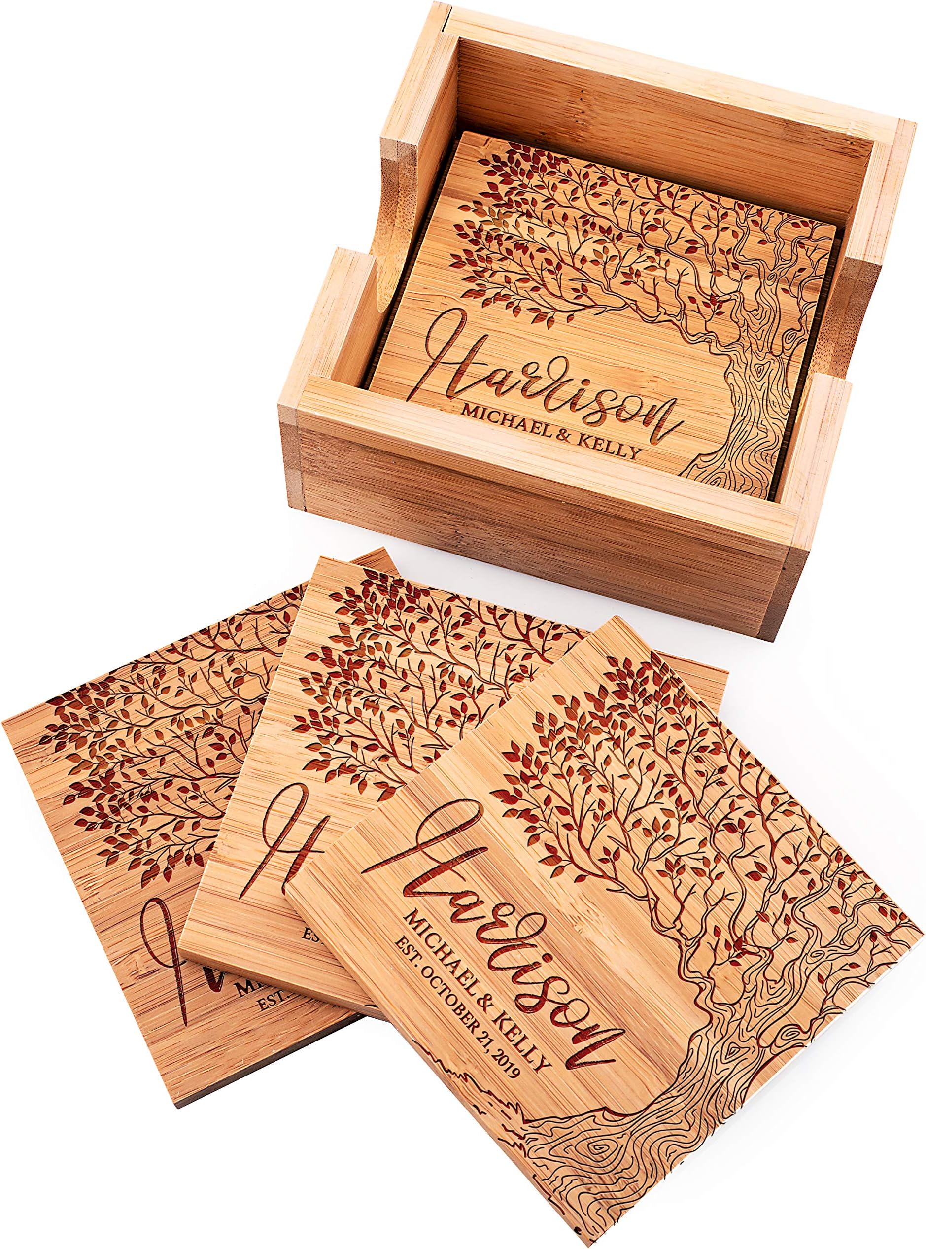 Personalized Coasters for Drinks, Set of 4, Coaster Set with Holder - Wedding Gifts for The Couples, Custom Monogram Bamboo Coasters #7