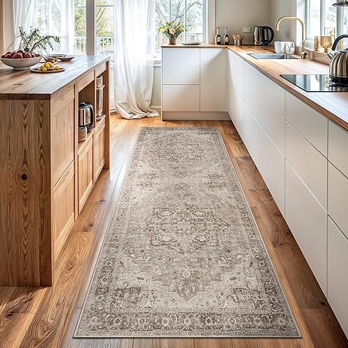 Bloom Rugs Alfombra de pasillo lavable antideslizante de 7 pies – Beige/Gris Camino tradicional para entrada, pasillo, baño y cocina