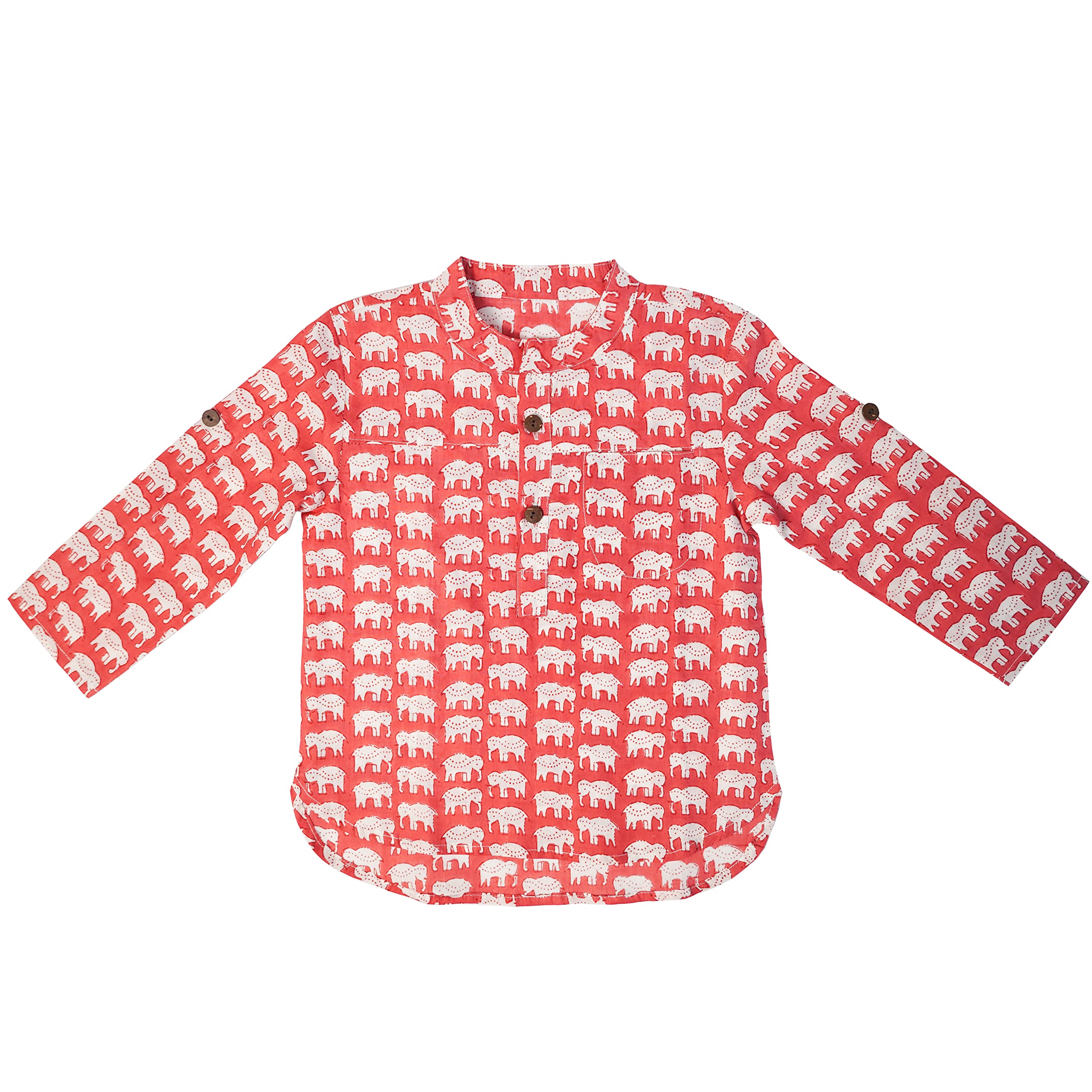 Hoshi by A&T Red Elephant Boys Shirt Kurta|Pure Cotton Slub|Mandarin Collar|Full Roll-Up Sleeves|Welt Pocket|Button Placket|Curved Hem|Red|4-5 Years