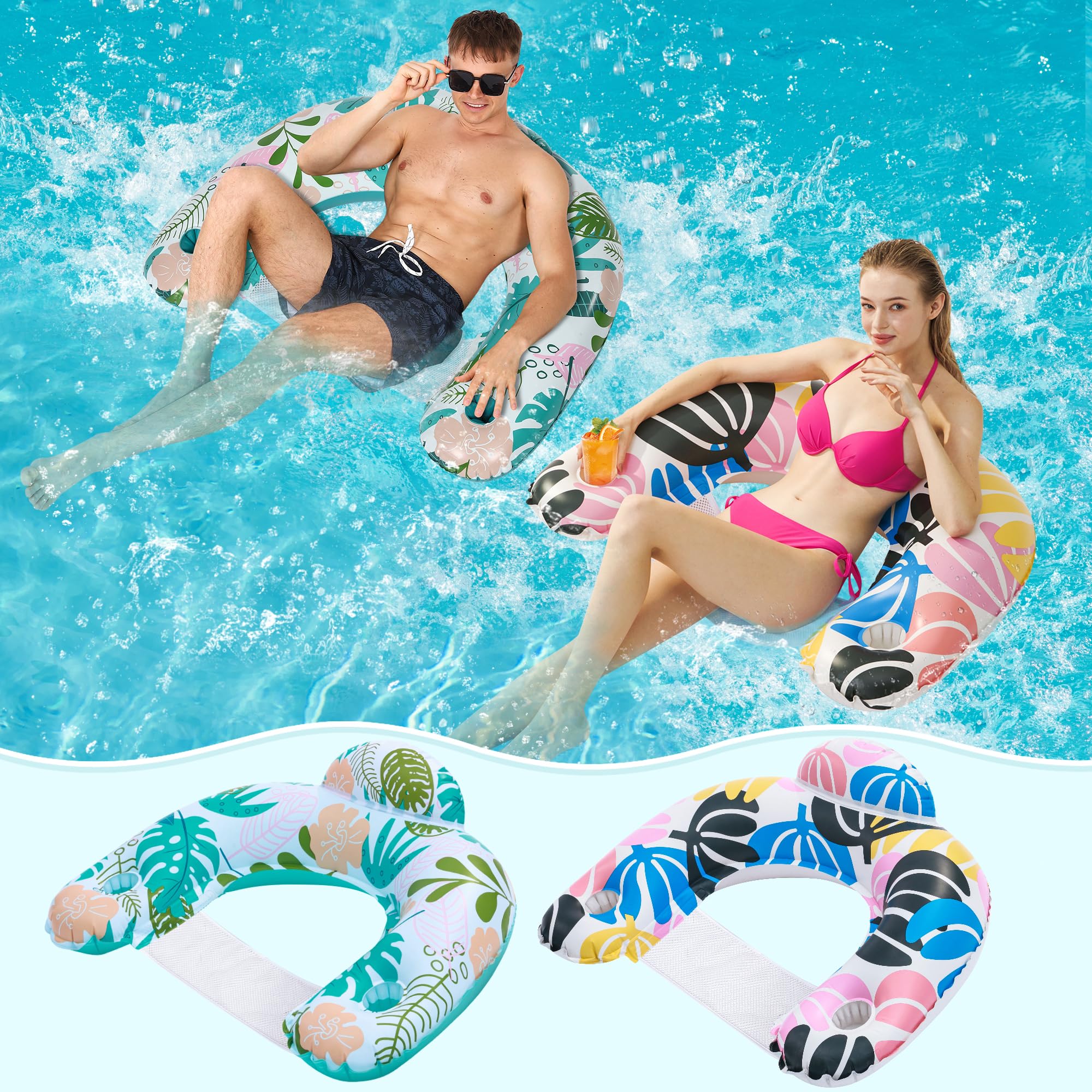2 Pack Pool Floats Adult,OKSUWATER Pool Floaties for Adults with Two Cup Holders Inflatable Pool Floats Chairs, Lake Floats for Adults Toys Applies to Water Play Party