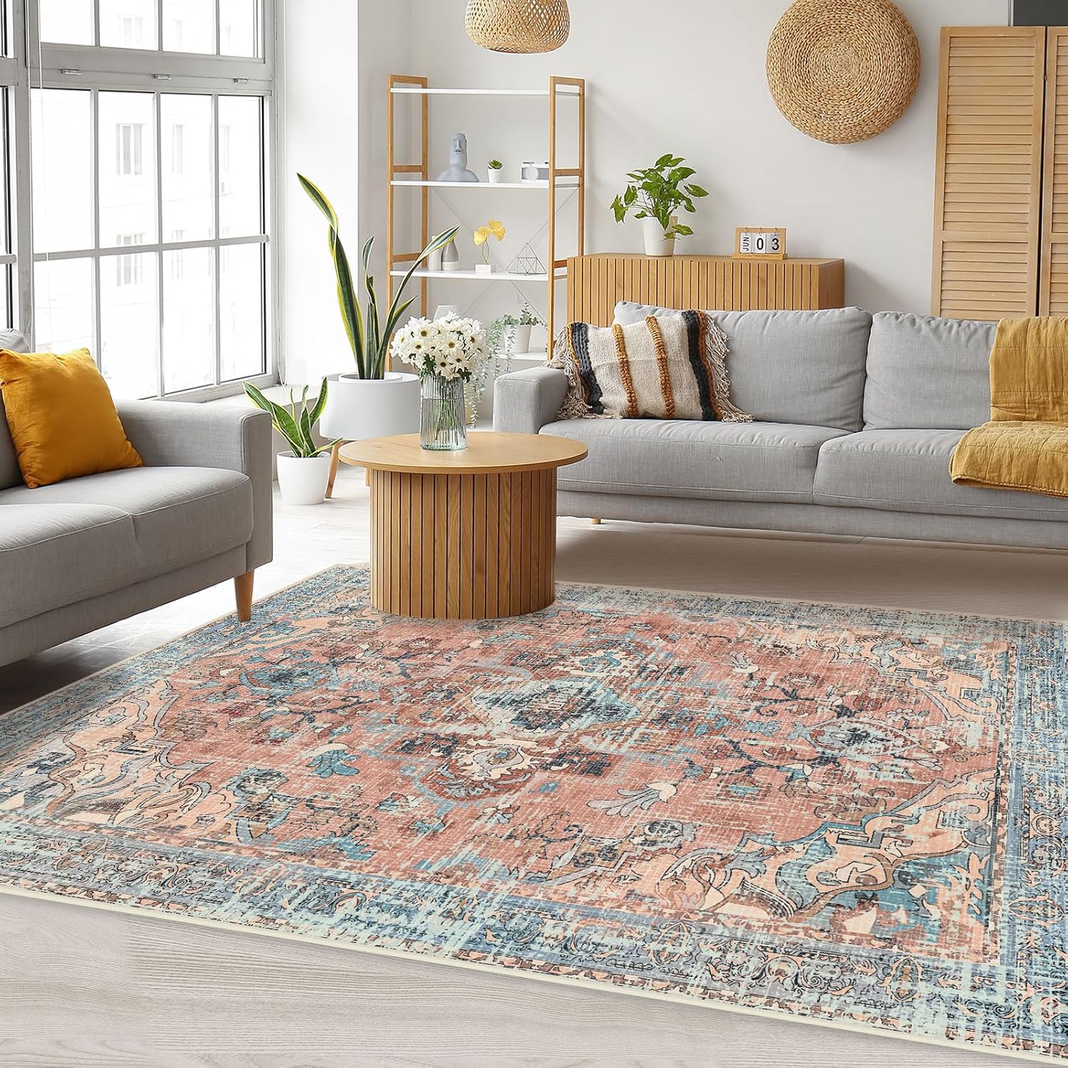 Washable Boho Vintage Area Rugs 3×5 Non-Slip Traditional Peach and Blue Small Carpet for Living Room Bedroom Dining Room Peach/Blue 3'×5'
