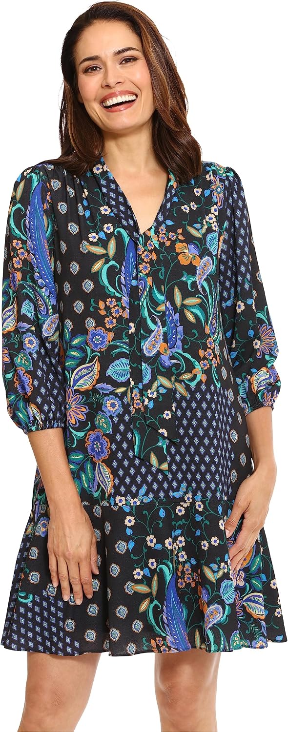 London Times Women's Women's Dresses Tie Neck Bishop Sleeve Flounce Hem Perfect Fall Dress Versatile Chic Office