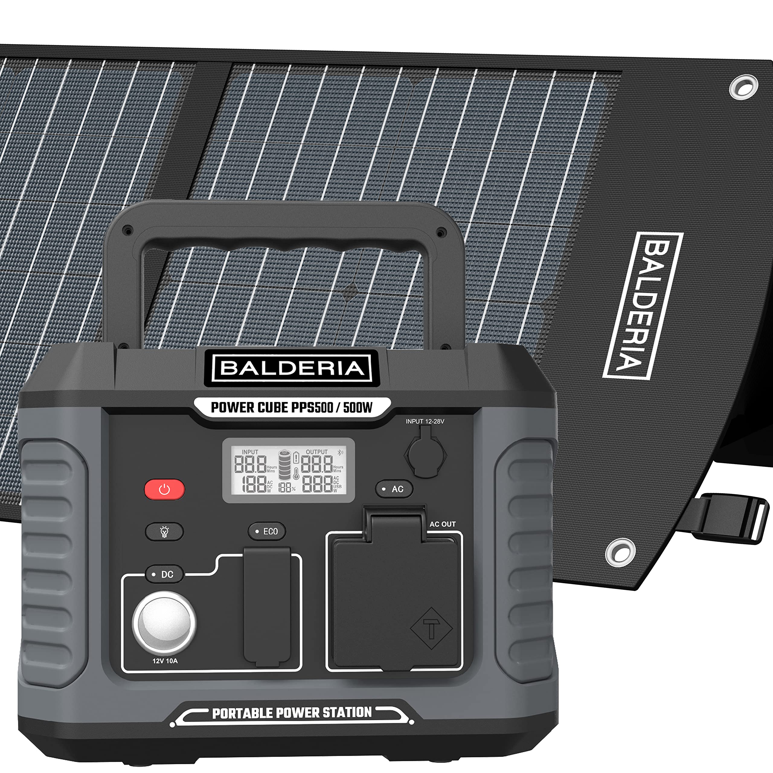 BALDERIA Power Set PS500-60 | Station d’alimentation portable 400Wh + panneau solaire 120W | Stockage d'énergie avec prise 230V USB | Alimentation mobile pour le travail, camping et caravanes
