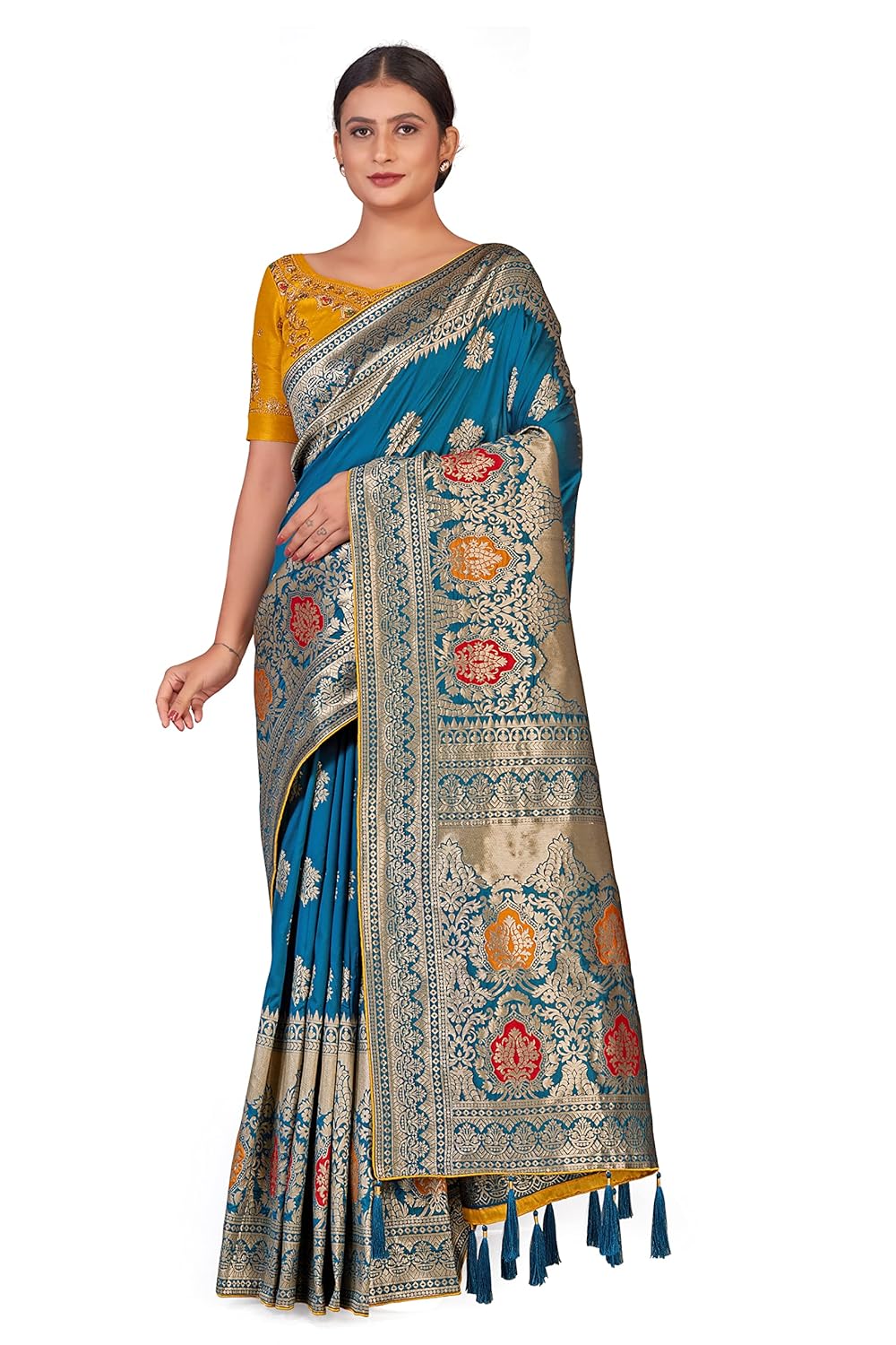 Monjolika Fashion Women’s Banarasi Silk Blend Woven Work Tussles Saree With Unsttiched Blouse Piece (Monjolika 45560_color)
