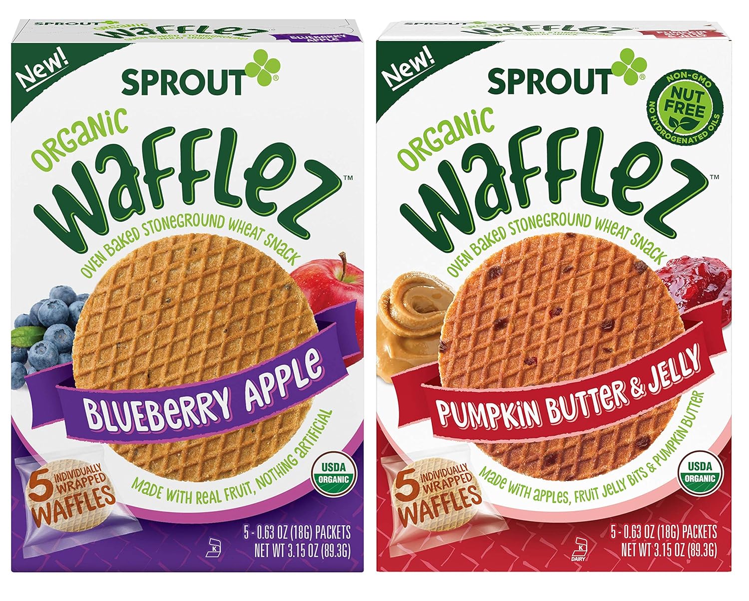 Sprout Organic Baby Food, Stage 4 Toddler Snacks, Blueberry Apple and Pumpkin Butter Wafflez Variety Pack, Single Serve Waffles, 0.63 Ounce (Pack of 20)