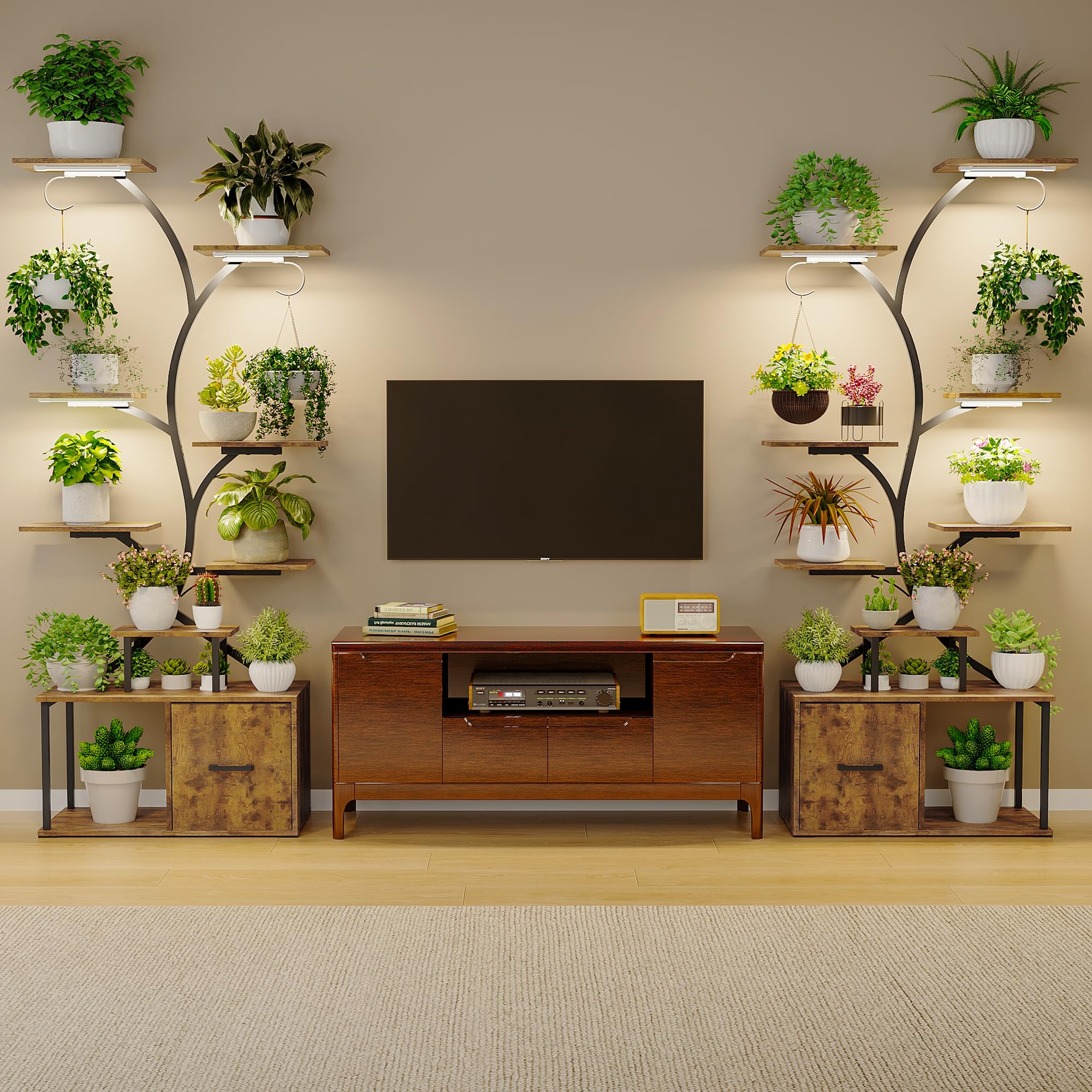 Support de fleurs avec lumières de croissance - Étagère à plantes à 9 étages en bois et métal avec grande capacité de stockage - Armoires - 156 cm - Pour l'intérieur et l'extérieur - Pour balcon