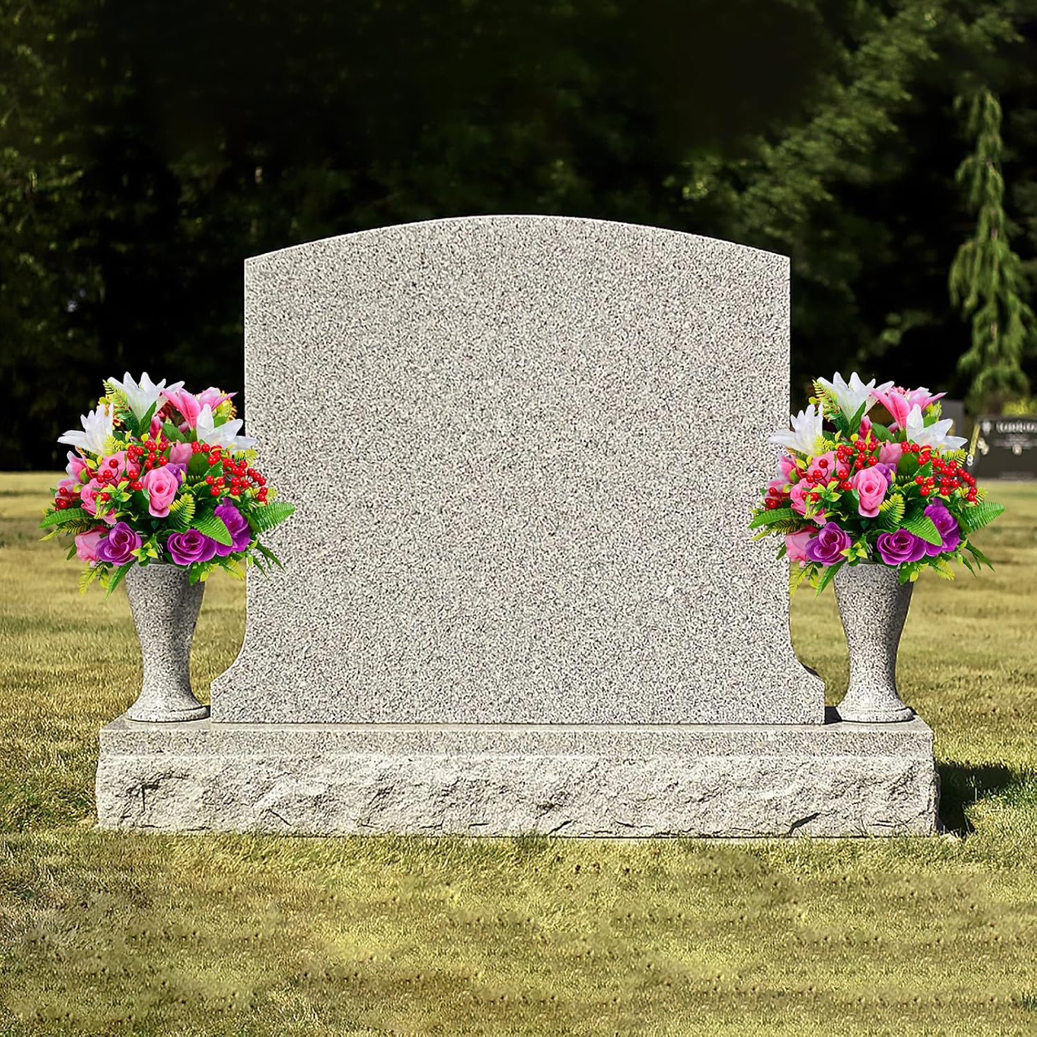 Set of 2 Artificial Cemetery Flowers, Artificial Rose Lily Grave Memorial Flowers with Black Plastic Vase for Cemetery Headstones Gravesite Decoration - Image 4