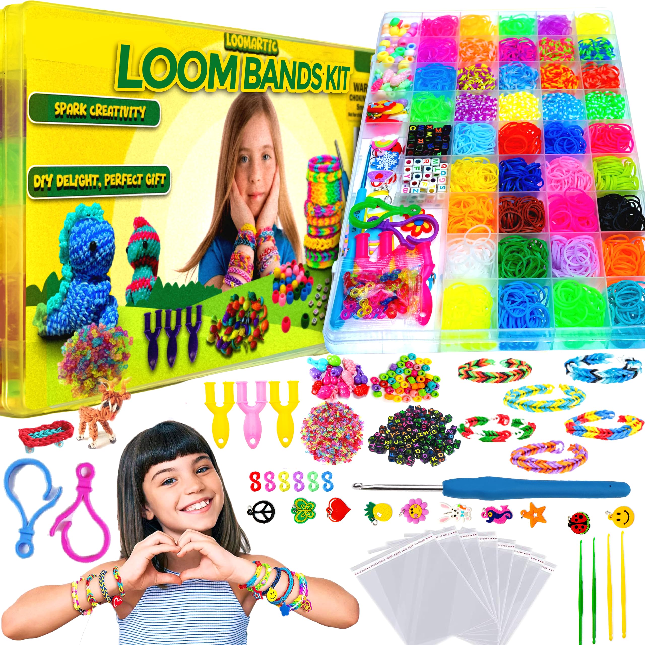 6000+Elastic Rubber Loom Bands Kit Premium Quality Loom Bands Kits for Girls in 20 Multi Colors with Bracelet Beads for Friendship Bracelet Making kit for Girls and Birthday Gifts for Kids